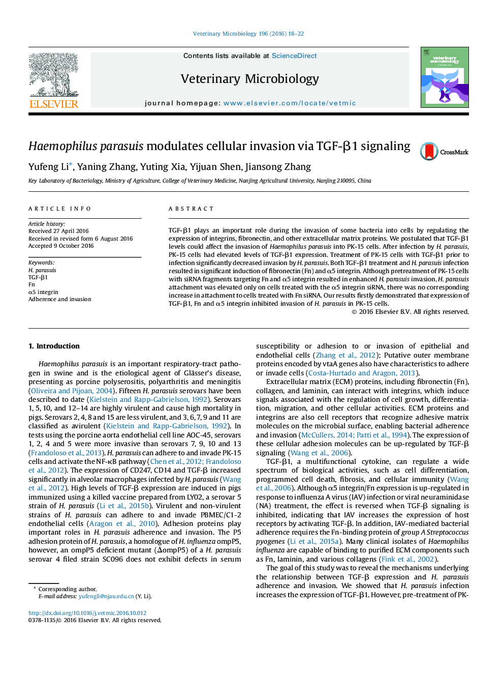 Haemophilus parasuis modulates cellular invasion via TGF-Î²1 signaling