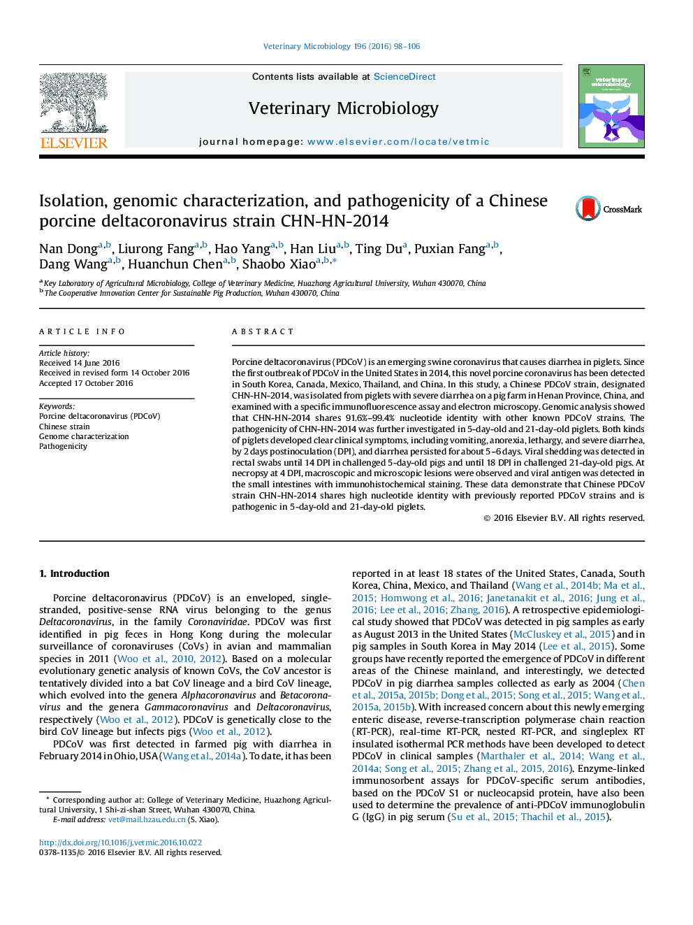 Isolation, genomic characterization, and pathogenicity of a Chinese porcine deltacoronavirus strain CHN-HN-2014