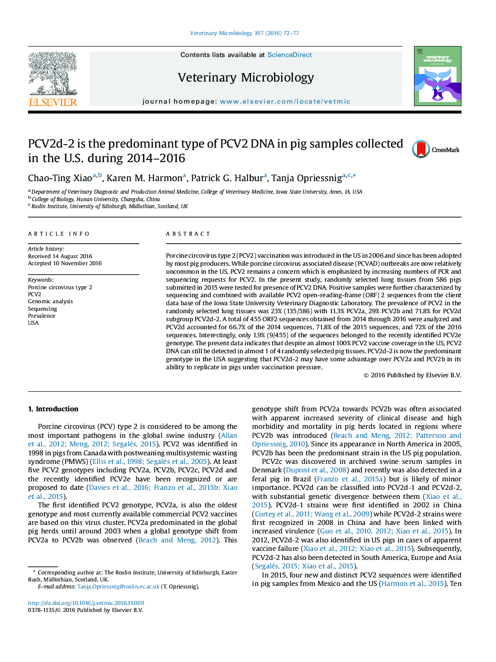 PCV2d-2 is the predominant type of PCV2 DNA in pig samples collected in the U.S. during 2014-2016