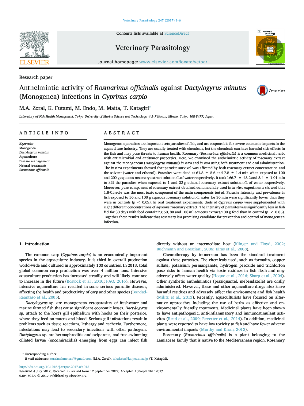 Anthelmintic activity of Rosmarinus officinalis against Dactylogyrus minutus (Monogenea) infections in Cyprinus carpio