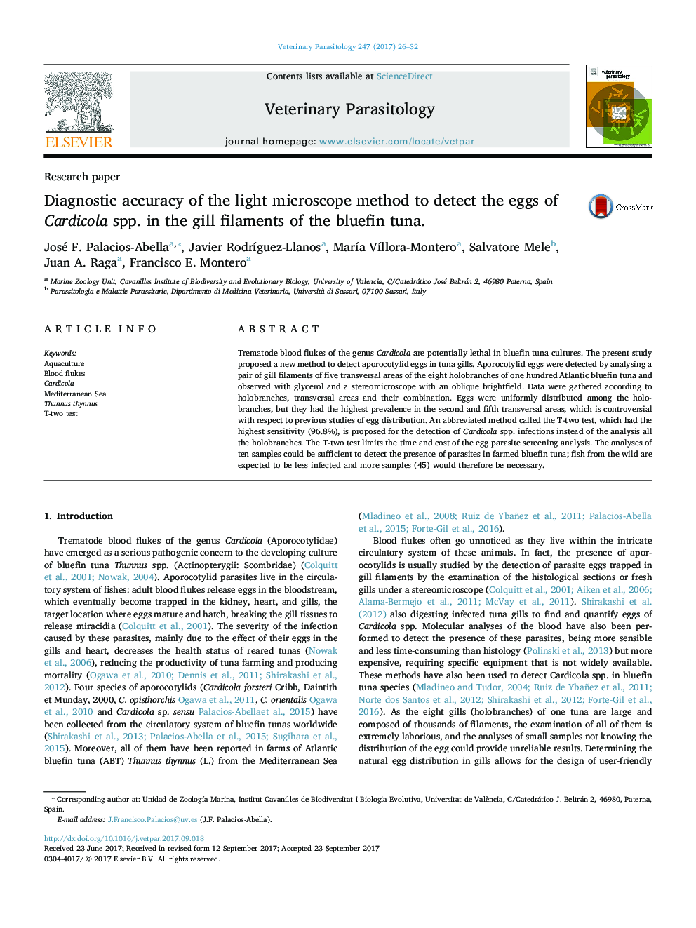 Diagnostic accuracy of the light microscope method to detect the eggs of Cardicola spp. in the gill filaments of the bluefin tuna.