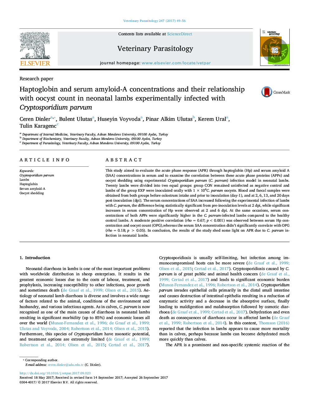 Haptoglobin and serum amyloid-A concentrations and their relationship with oocyst count in neonatal lambs experimentally infected with Cryptosporidium parvum