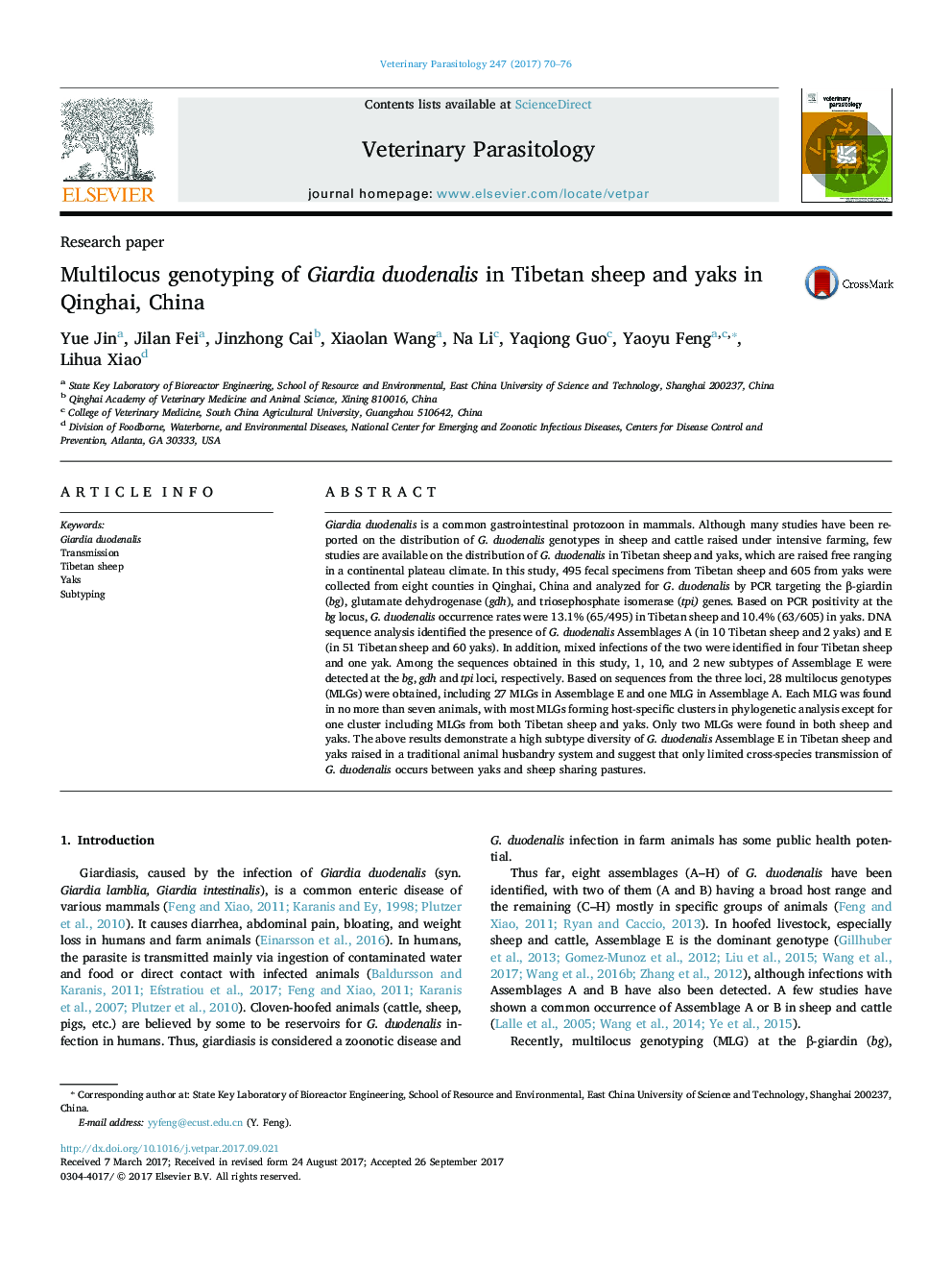 Multilocus genotyping of Giardia duodenalis in Tibetan sheep and yaks in Qinghai, China