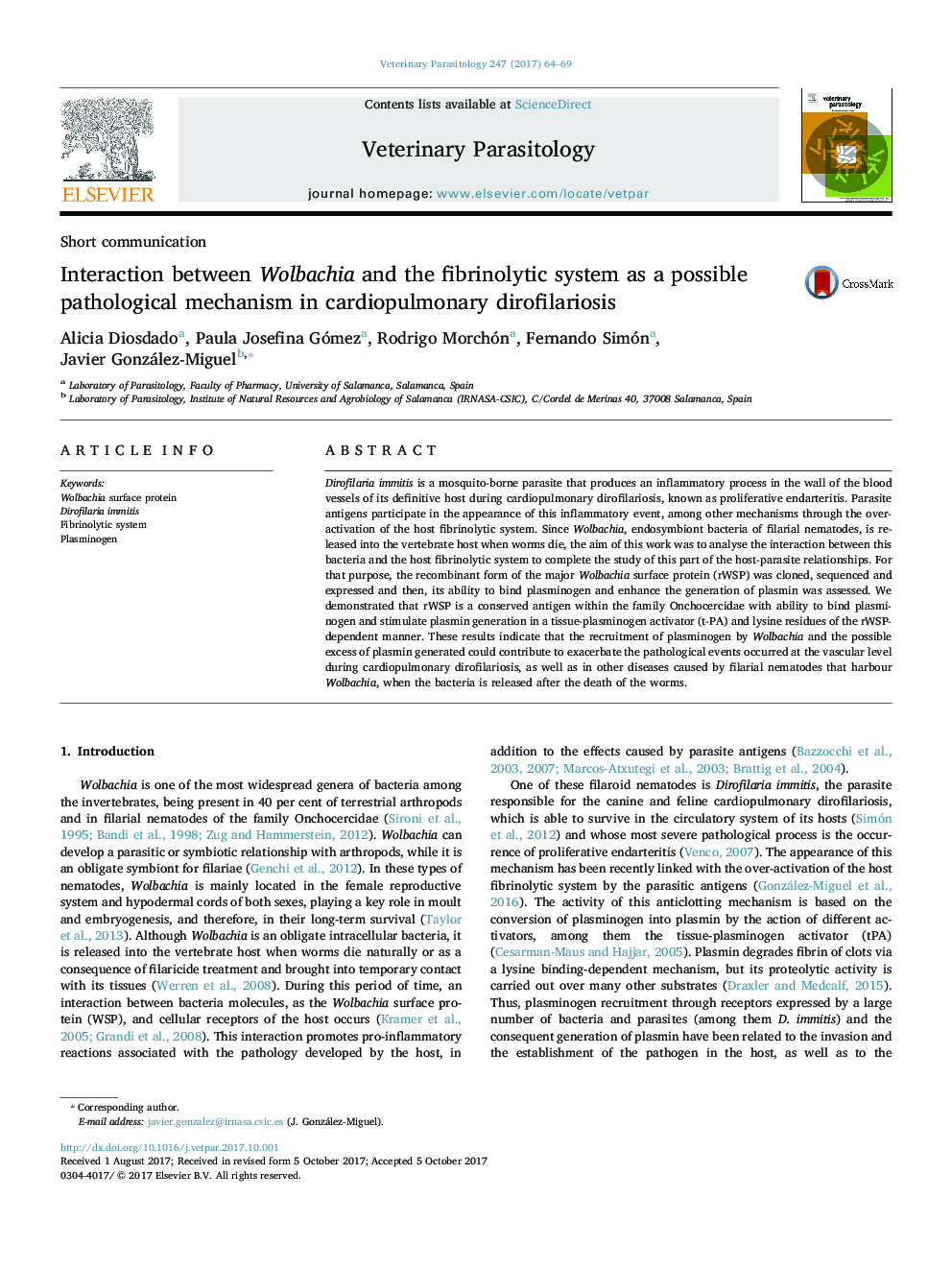 Interaction between Wolbachia and the fibrinolytic system as a possible pathological mechanism in cardiopulmonary dirofilariosis