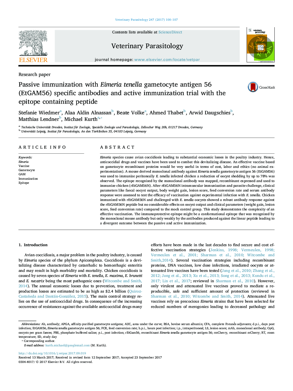 Passive immunization with Eimeria tenella gametocyte antigen 56 (EtGAM56) specific antibodies and active immunization trial with the epitope containing peptide