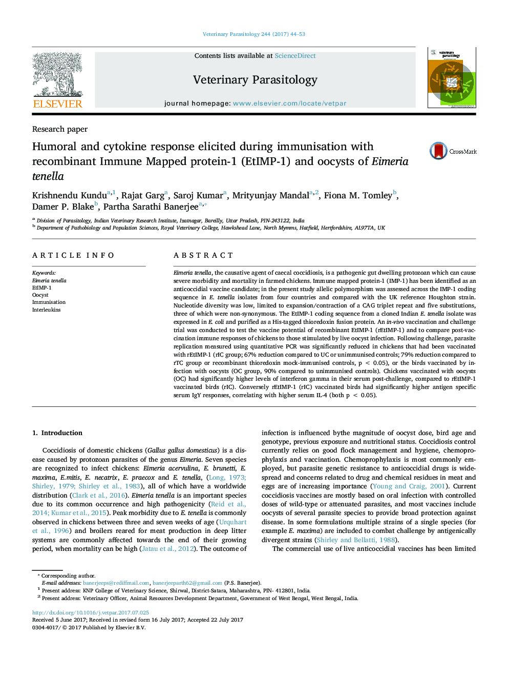 Humoral and cytokine response elicited during immunisation with recombinant Immune Mapped protein-1 (EtIMP-1) and oocysts of Eimeria tenella