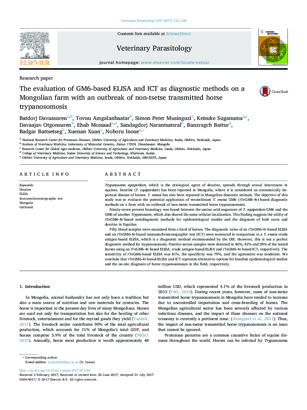 The evaluation of GM6-based ELISA and ICT as diagnostic methods on a Mongolian farm with an outbreak of non-tsetse transmitted horse trypanosomosis