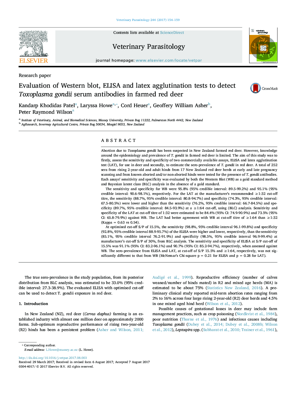 Evaluation of Western blot, ELISA and latex agglutination tests to detect Toxoplasma gondii serum antibodies in farmed red deer