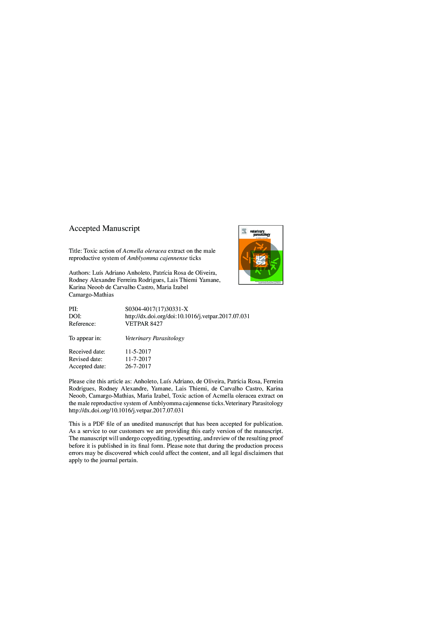 Toxic action of Acmella oleracea extract on the male reproductive system of Amblyomma cajennense ticks