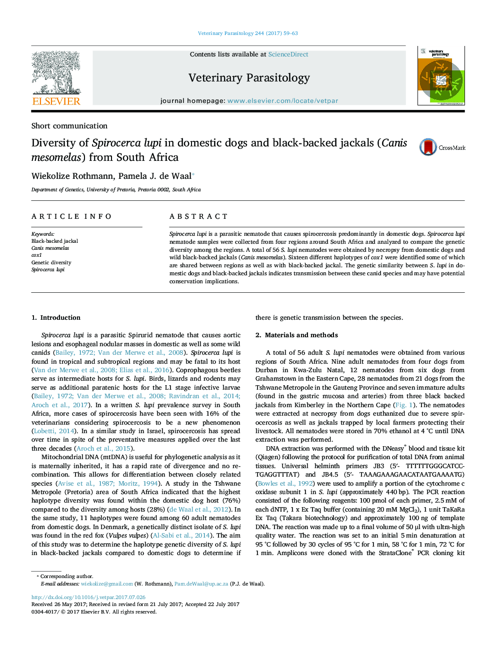 Diversity of Spirocerca lupi in domestic dogs and black-backed jackals (Canis mesomelas) from South Africa