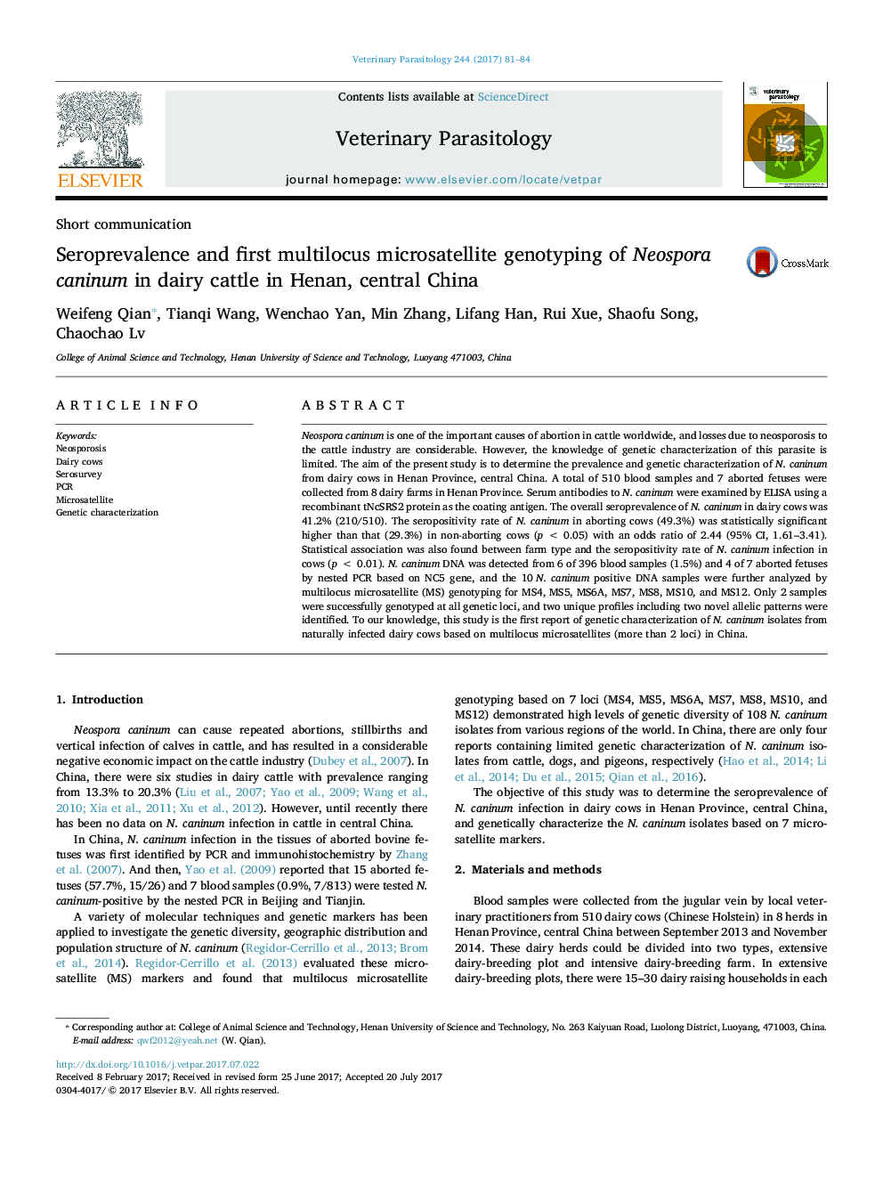 Seroprevalence and first multilocus microsatellite genotyping of Neospora caninum in dairy cattle in Henan, central China