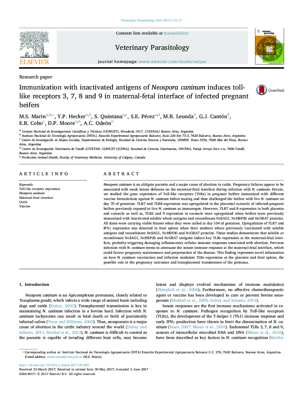 Immunization with inactivated antigens of Neospora caninum induces toll-like receptors 3, 7, 8 and 9 in maternal-fetal interface of infected pregnant heifers