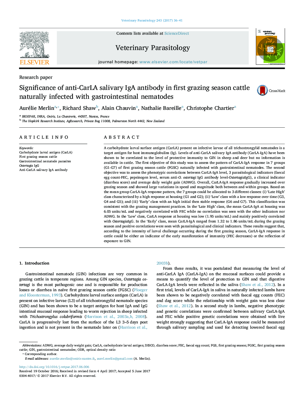 Significance of anti-CarLA salivary IgA antibody in first grazing season cattle naturally infected with gastrointestinal nematodes