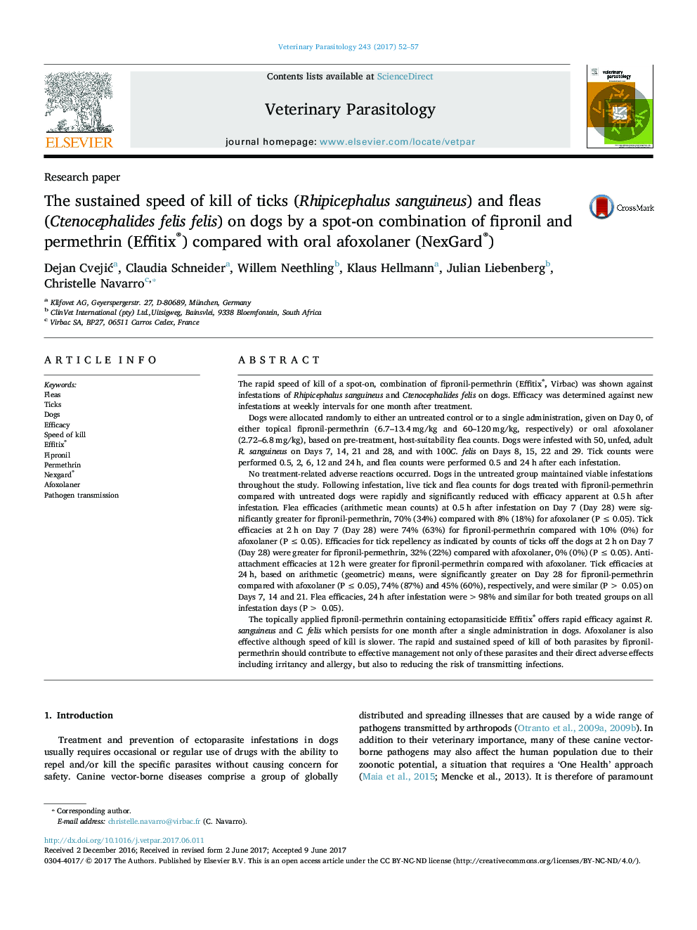 The sustained speed of kill of ticks (Rhipicephalus sanguineus) and fleas (Ctenocephalides felis felis) on dogs by a spot-on combination of fipronil and permethrin (Effitix®) compared with oral afoxolaner (NexGard®)