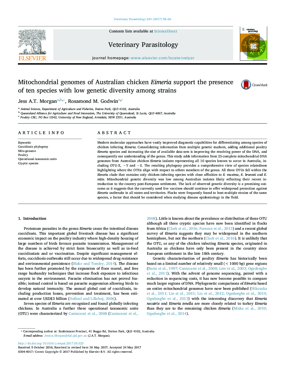 Mitochondrial genomes of Australian chicken Eimeria support the presence of ten species with low genetic diversity among strains