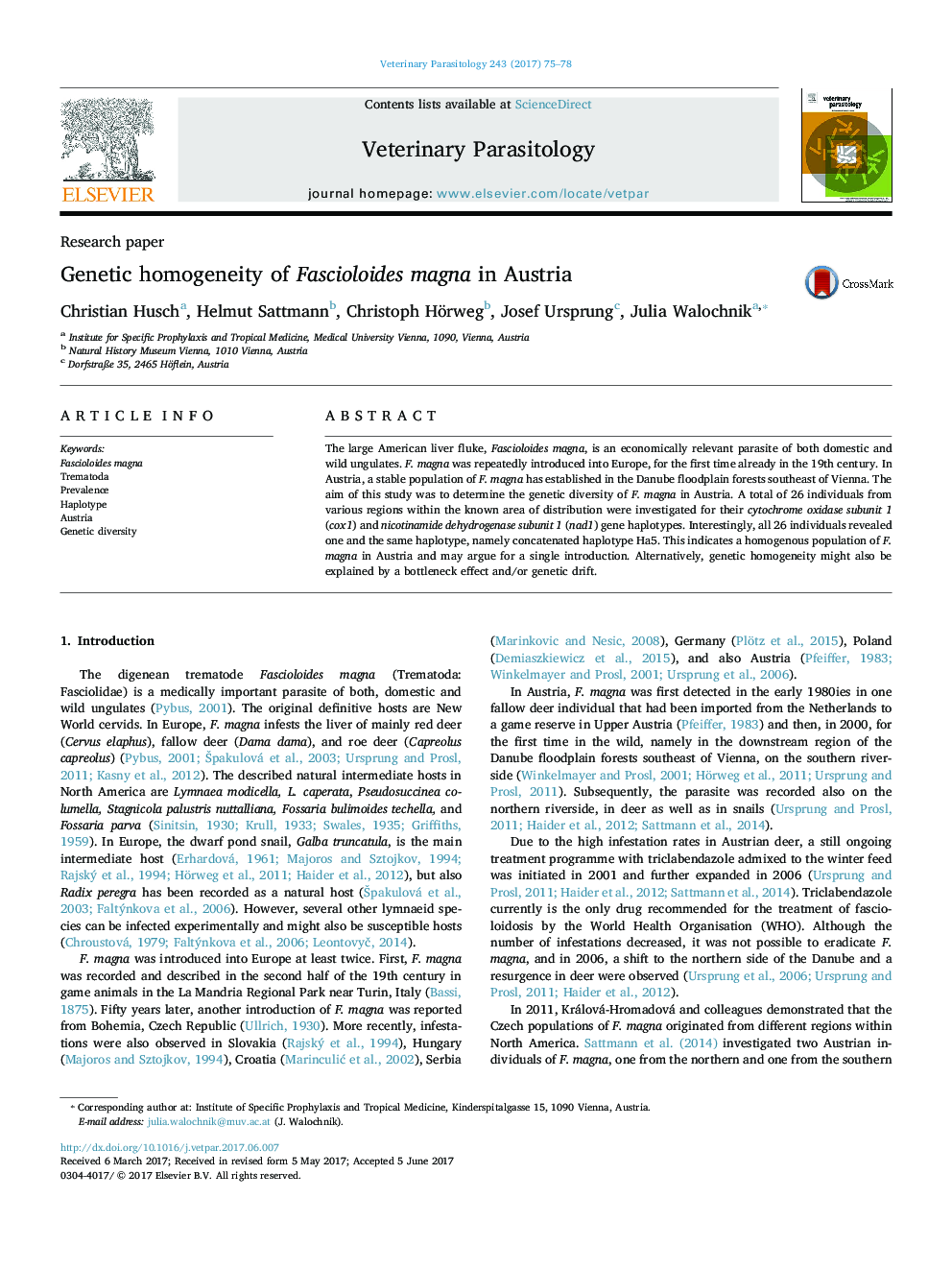 عکس صفحه اول مقاله: Genetic homogeneity of Fascioloides magna in Austria Genetic homogeneity of Fascioloides magna in Austria