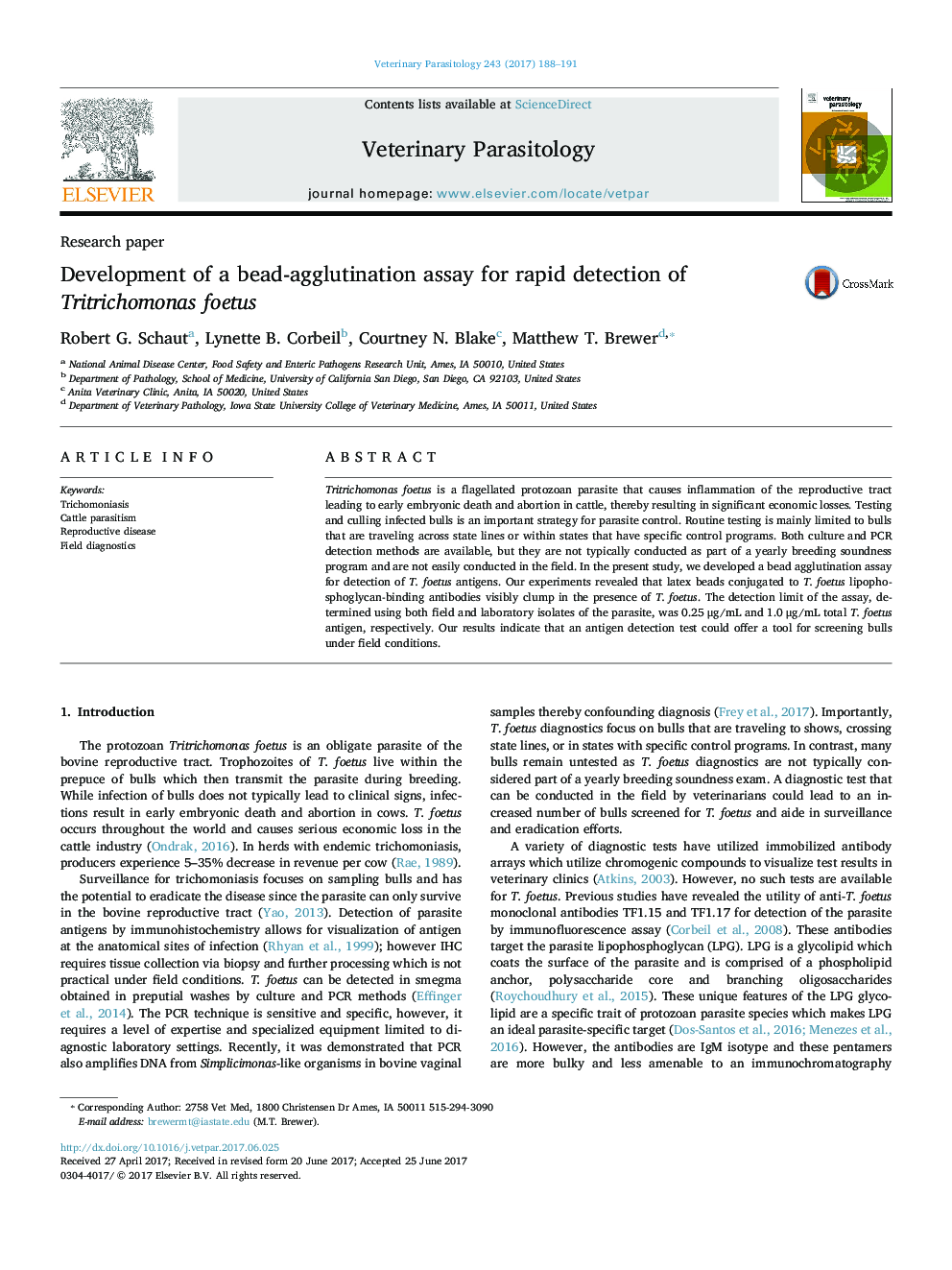 Development of a bead-agglutination assay for rapid detection of Tritrichomonas foetus