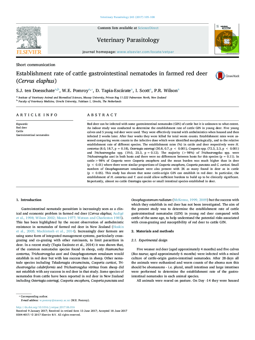 Establishment rate of cattle gastrointestinal nematodes in farmed red deer (Cervus elaphus)