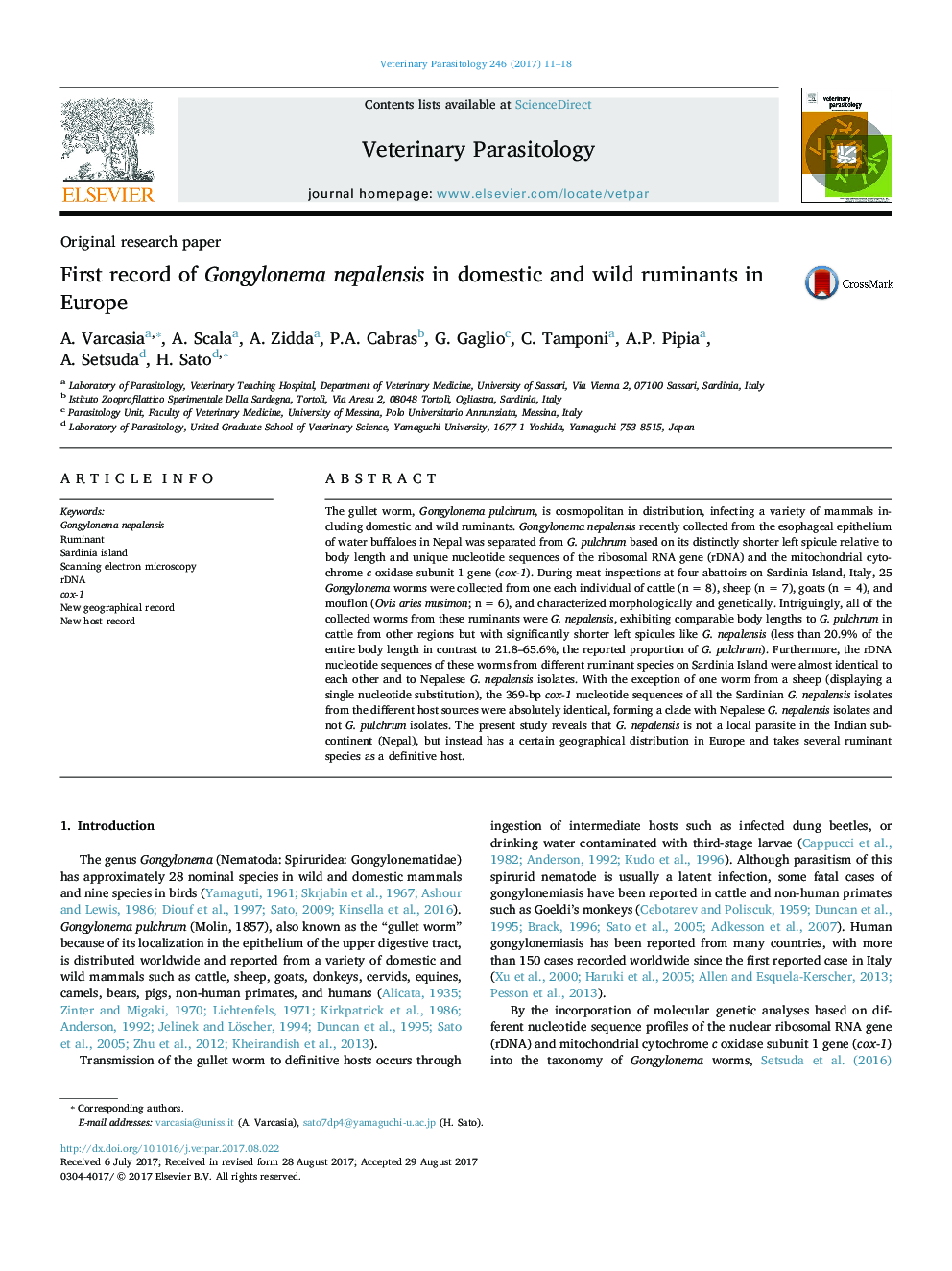 First record of Gongylonema nepalensis in domestic and wild ruminants in Europe