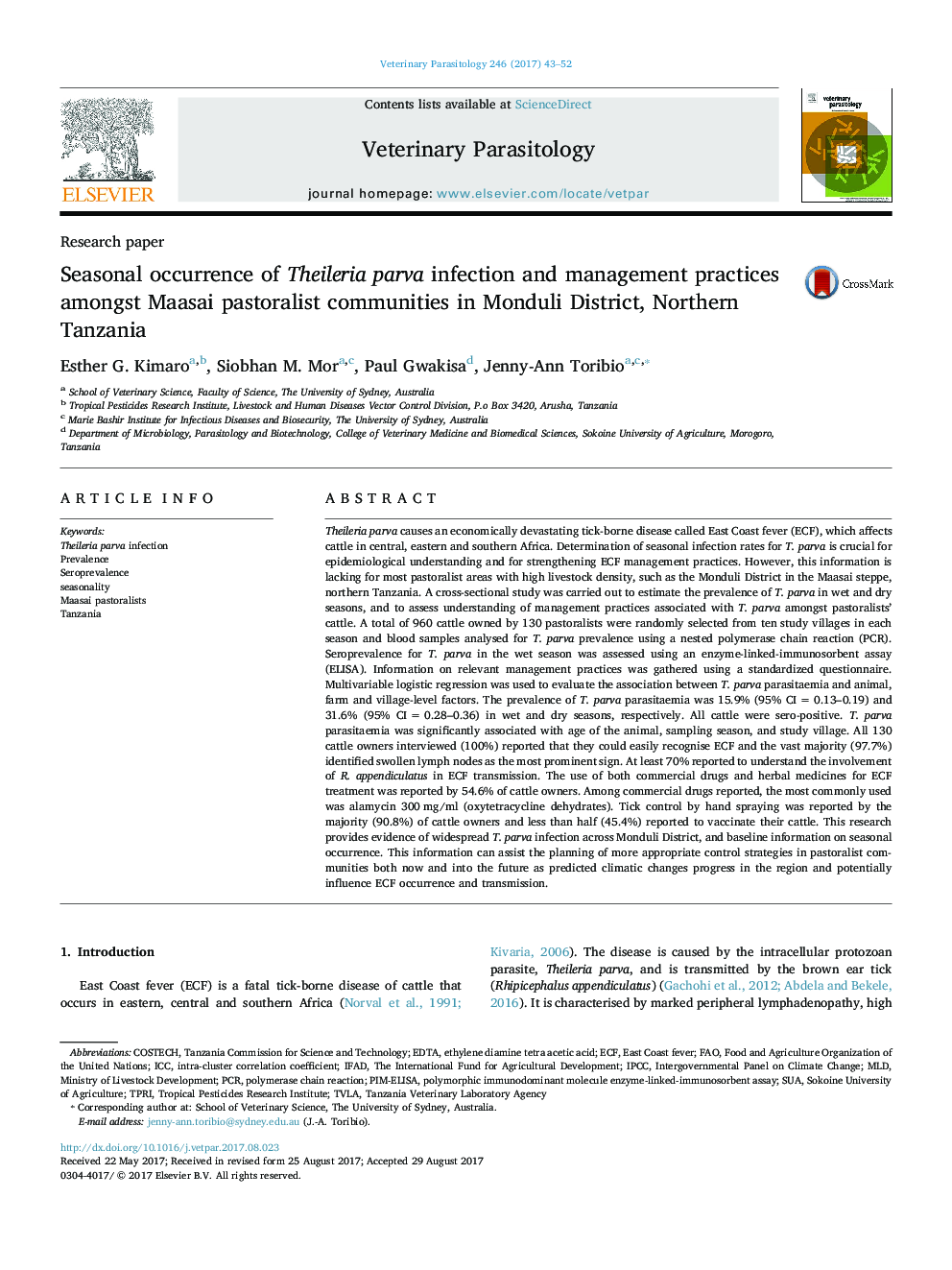 عکس صفحه اول مقاله: Seasonal occurrence of Theileria parva infection and management practices amongst Maasai pastoralist communities in Monduli District, Northern Tanzania Seasonal occurrence of Theileria parva infection and management practices amongst Maasai pastoralist communities in Monduli District, Northern Tanzania