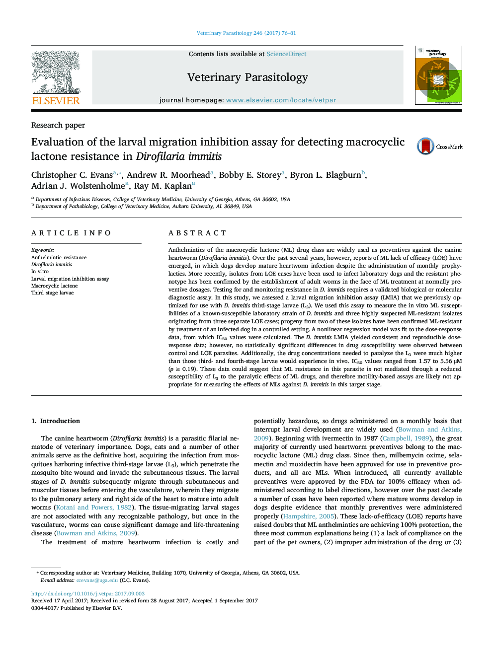 Evaluation of the larval migration inhibition assay for detecting macrocyclic lactone resistance in Dirofilaria immitis