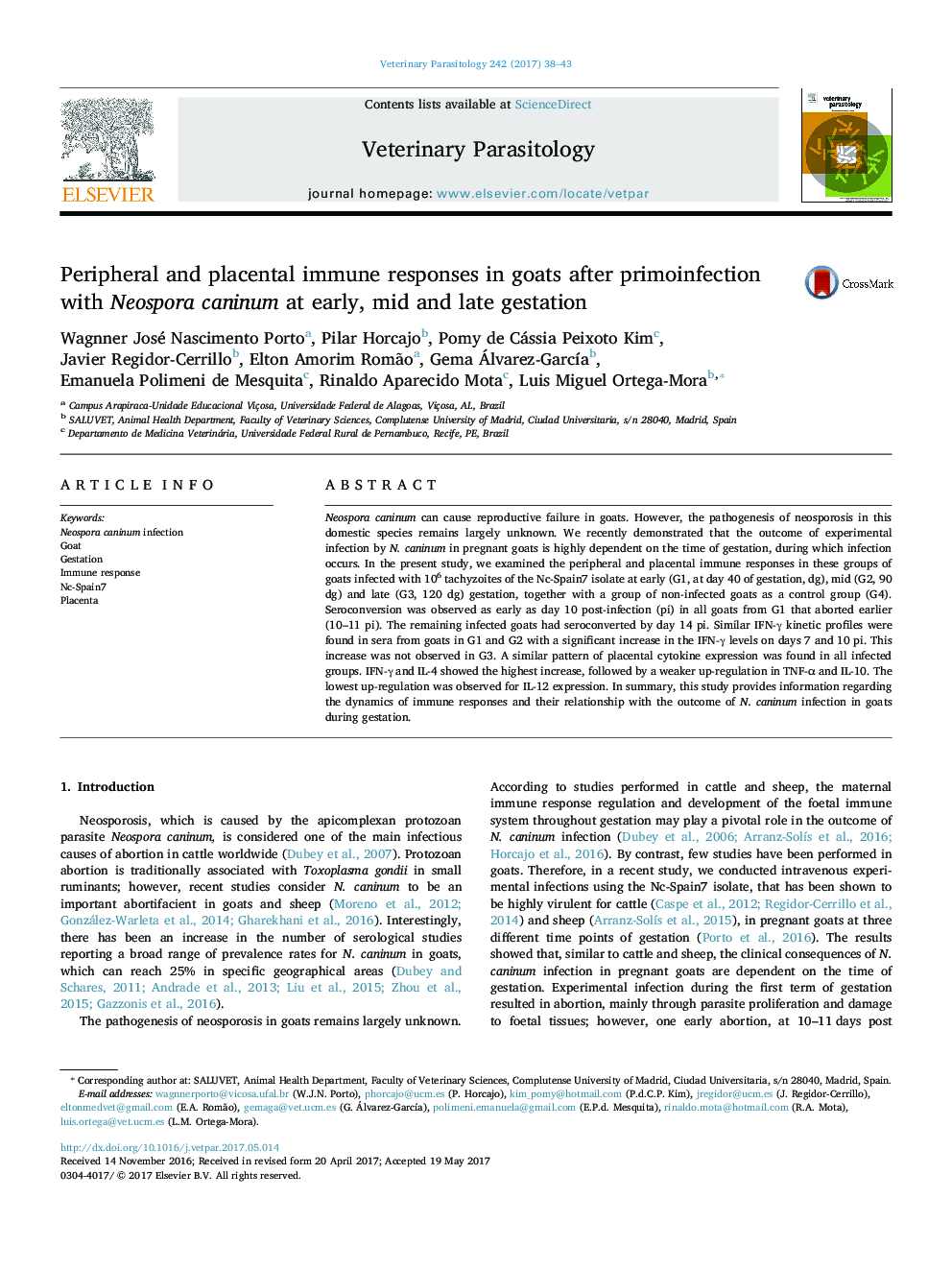 Peripheral and placental immune responses in goats after primoinfection with Neospora caninum at early, mid and late gestation