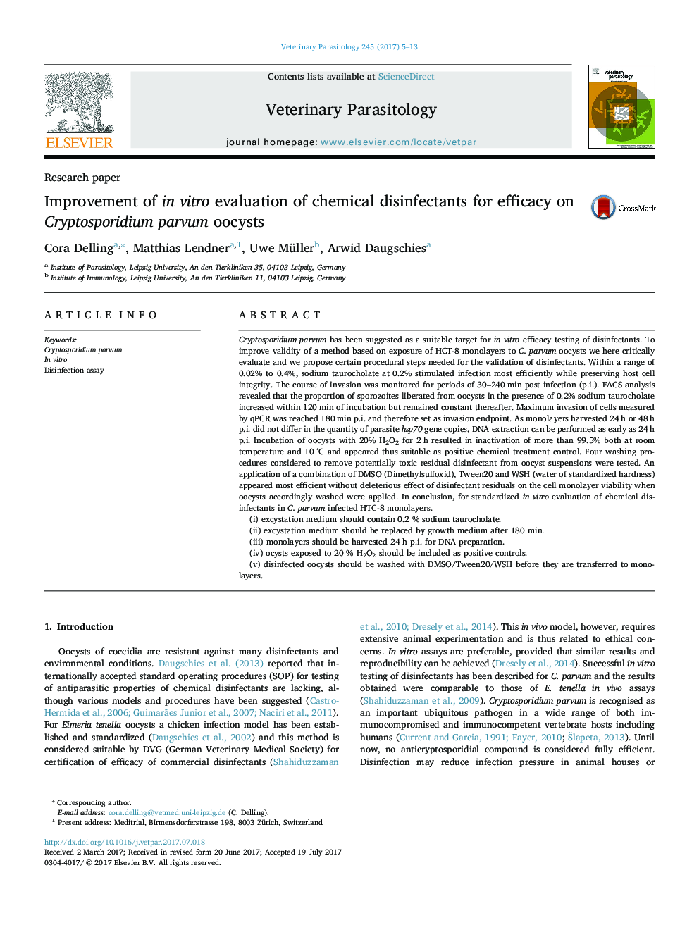 Improvement of in vitro evaluation of chemical disinfectants for efficacy on Cryptosporidium parvum oocysts