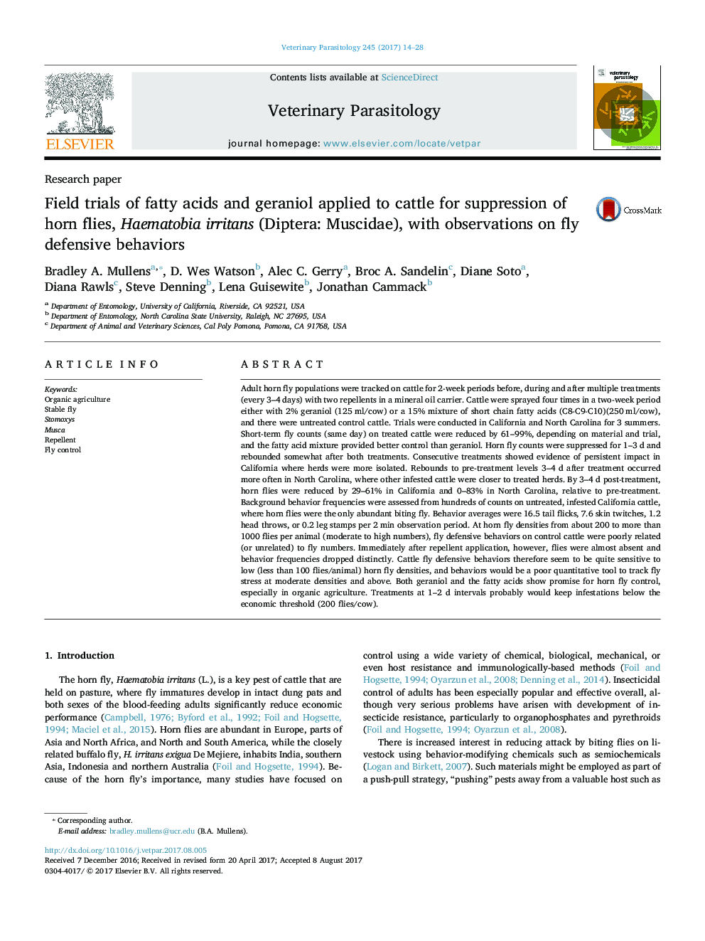 Field trials of fatty acids and geraniol applied to cattle for suppression of horn flies, Haematobia irritans (Diptera: Muscidae), with observations on fly defensive behaviors