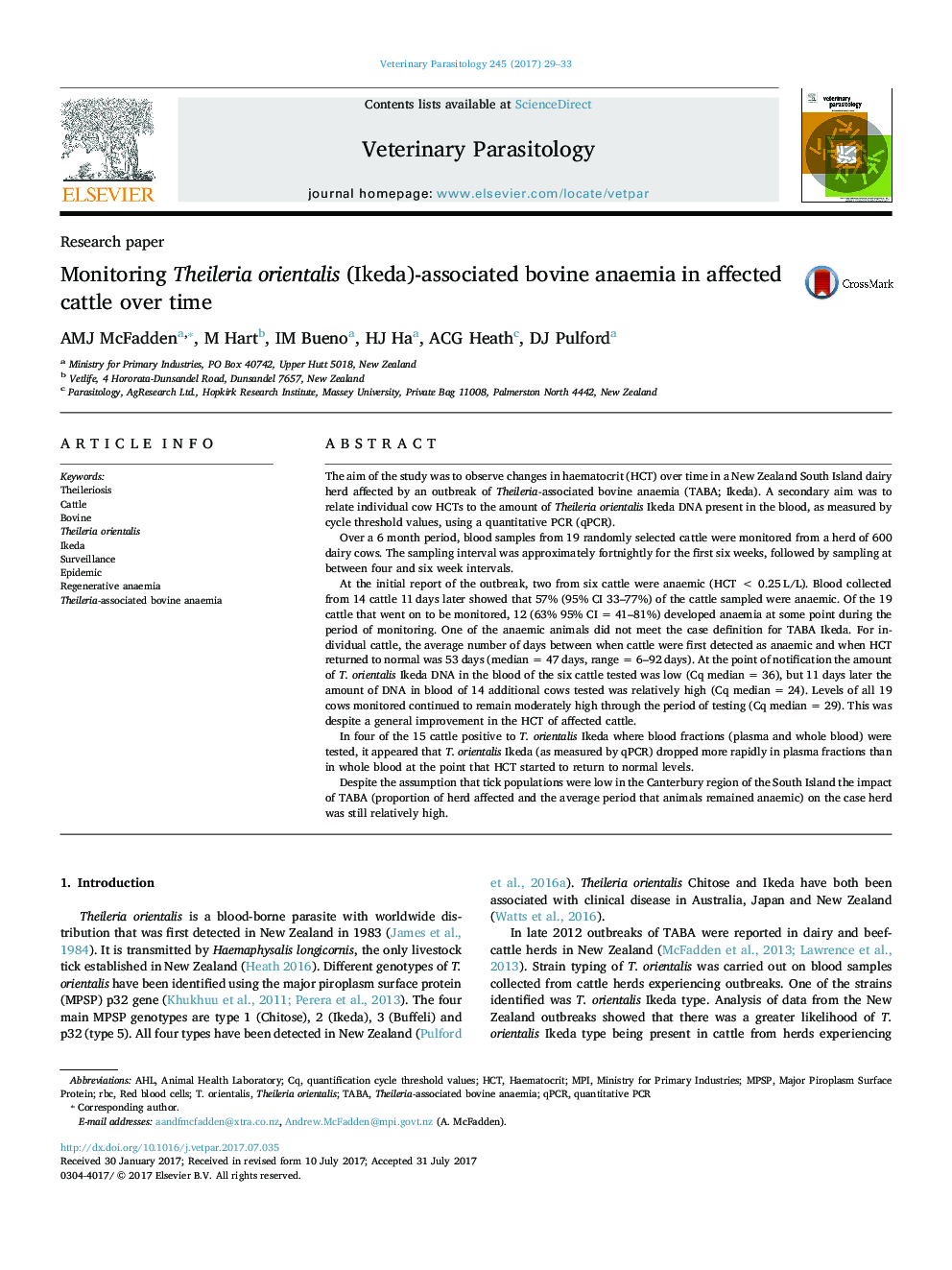 Monitoring Theileria orientalis (Ikeda)-associated bovine anaemia in affected cattle over time