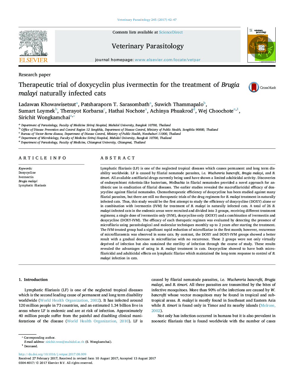 Therapeutic trial of doxycyclin plus ivermectin for the treatment of Brugia malayi naturally infected cats