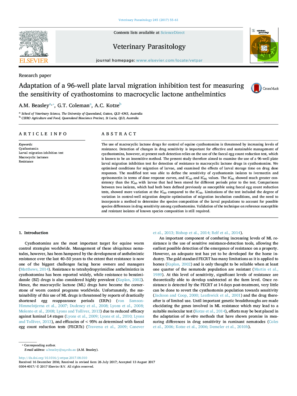 Adaptation of a 96-well plate larval migration inhibition test for measuring the sensitivity of cyathostomins to macrocyclic lactone anthelmintics