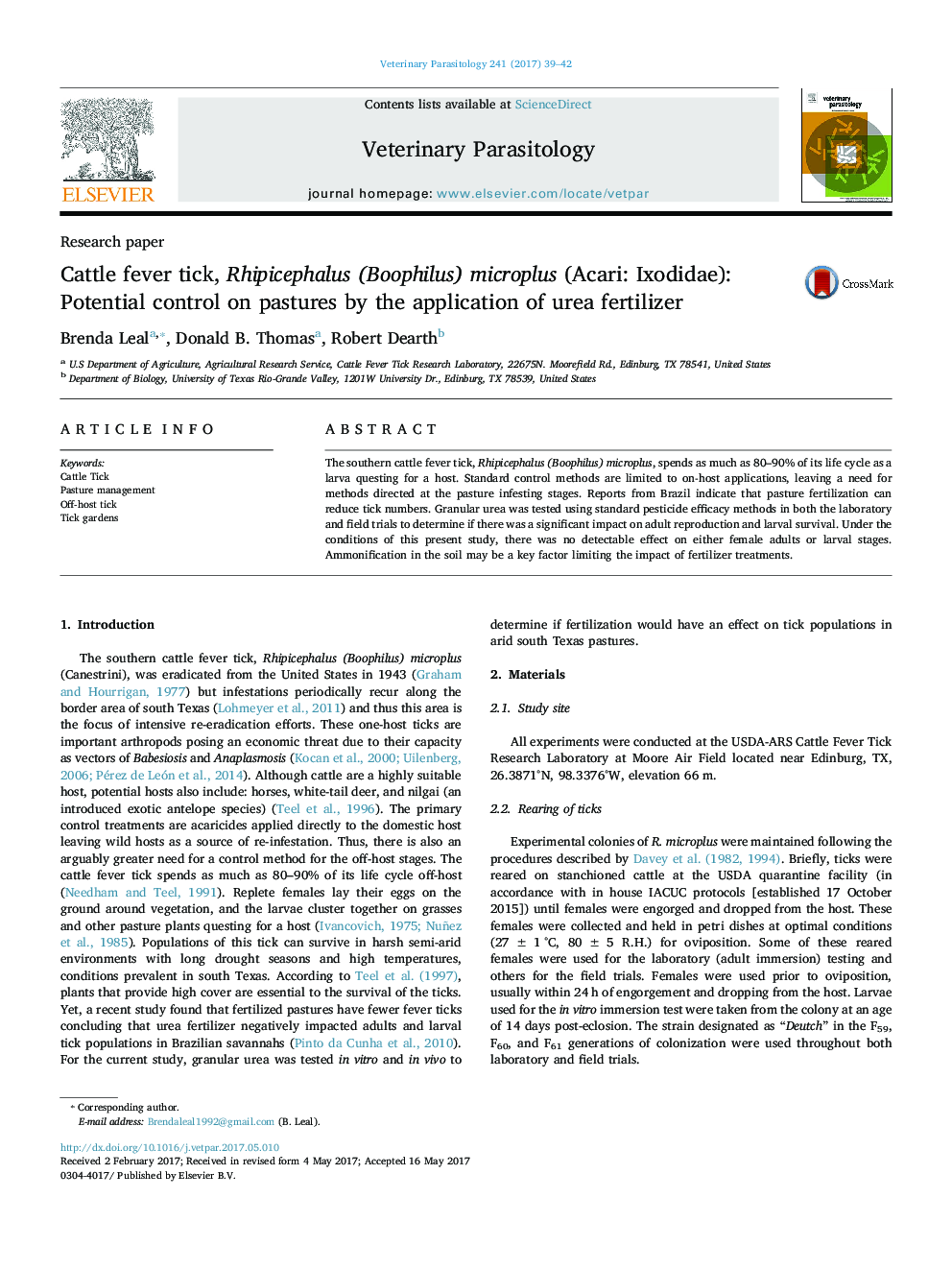 Cattle fever tick, Rhipicephalus (Boophilus) microplus (Acari: Ixodidae): Potential control on pastures by the application of urea fertilizer