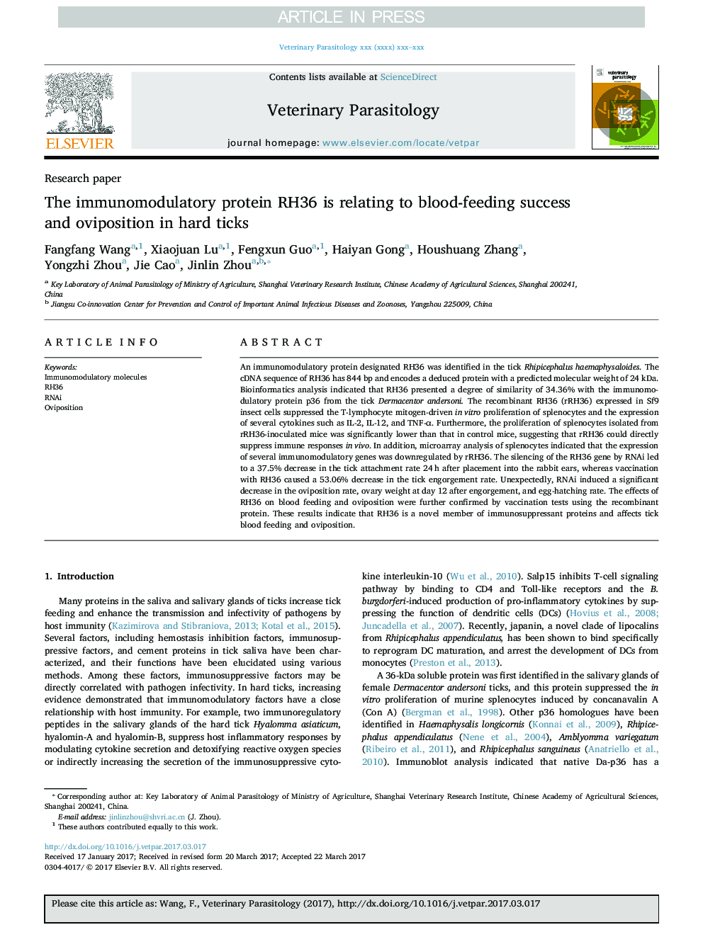 The immunomodulatory protein RH36 is relating to blood-feeding success and oviposition in hard ticks