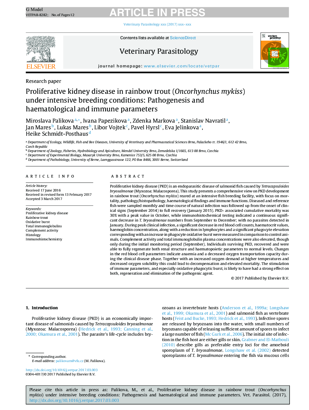 Proliferative kidney disease in rainbow trout (Oncorhynchus mykiss) under intensive breeding conditions: Pathogenesis and haematological and immune parameters