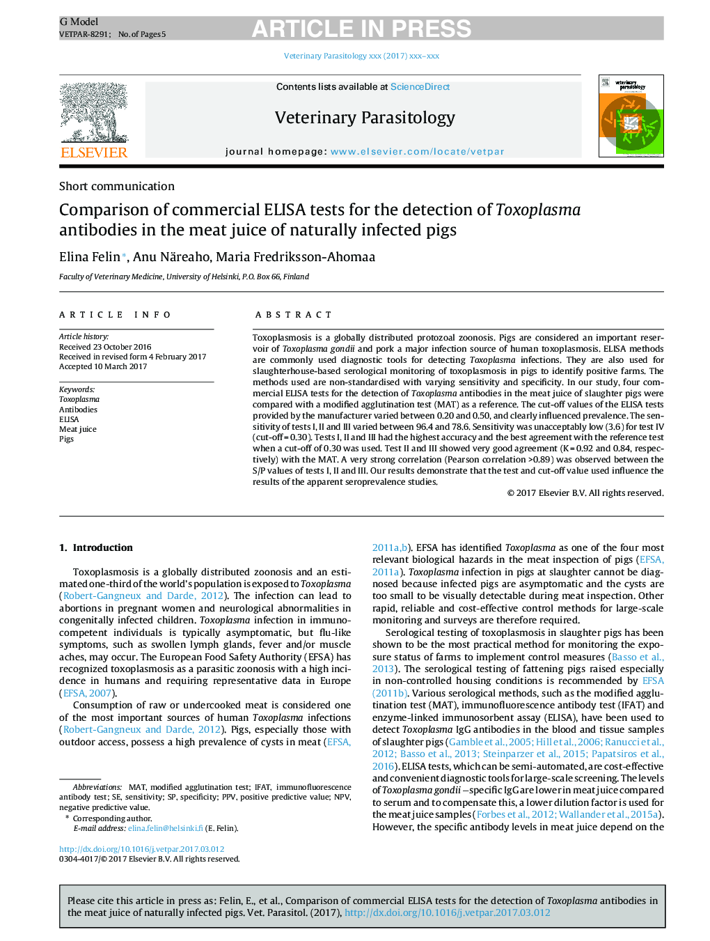 Comparison of commercial ELISA tests for the detection of Toxoplasma antibodies in the meat juice of naturally infected pigs