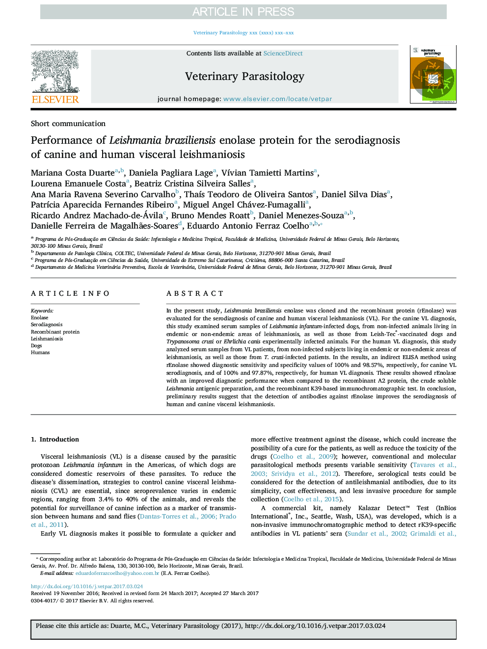 Performance of Leishmania braziliensis enolase protein for the serodiagnosis of canine and human visceral leishmaniosis