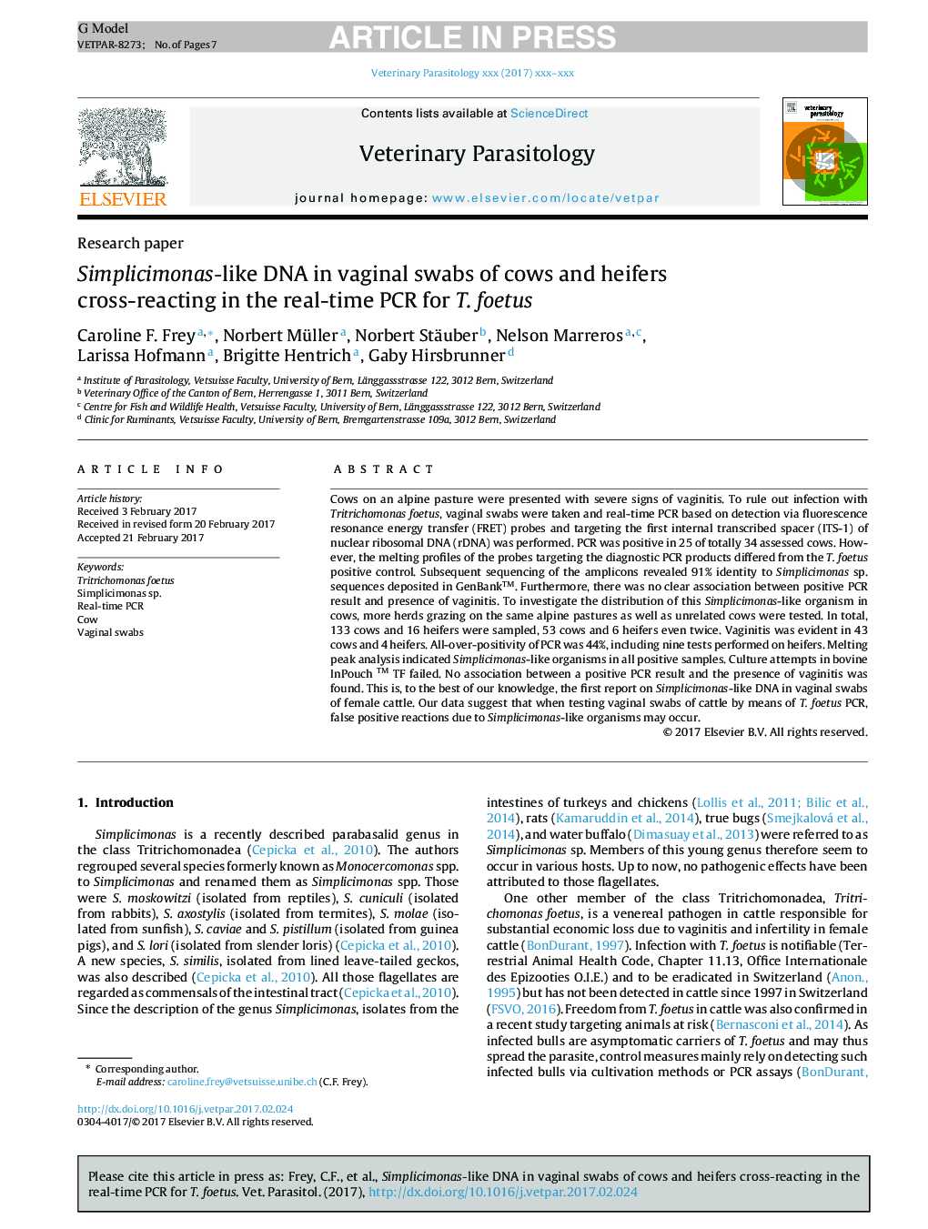 Simplicimonas-like DNA in vaginal swabs of cows and heifers cross-reacting in the real-time PCR for T. foetus