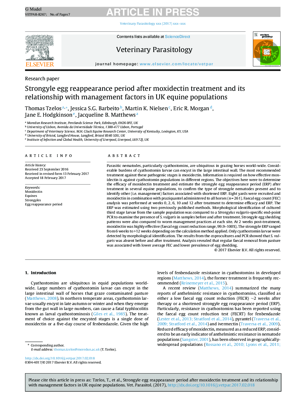 Strongyle egg reappearance period after moxidectin treatment and its relationship with management factors in UK equine populations