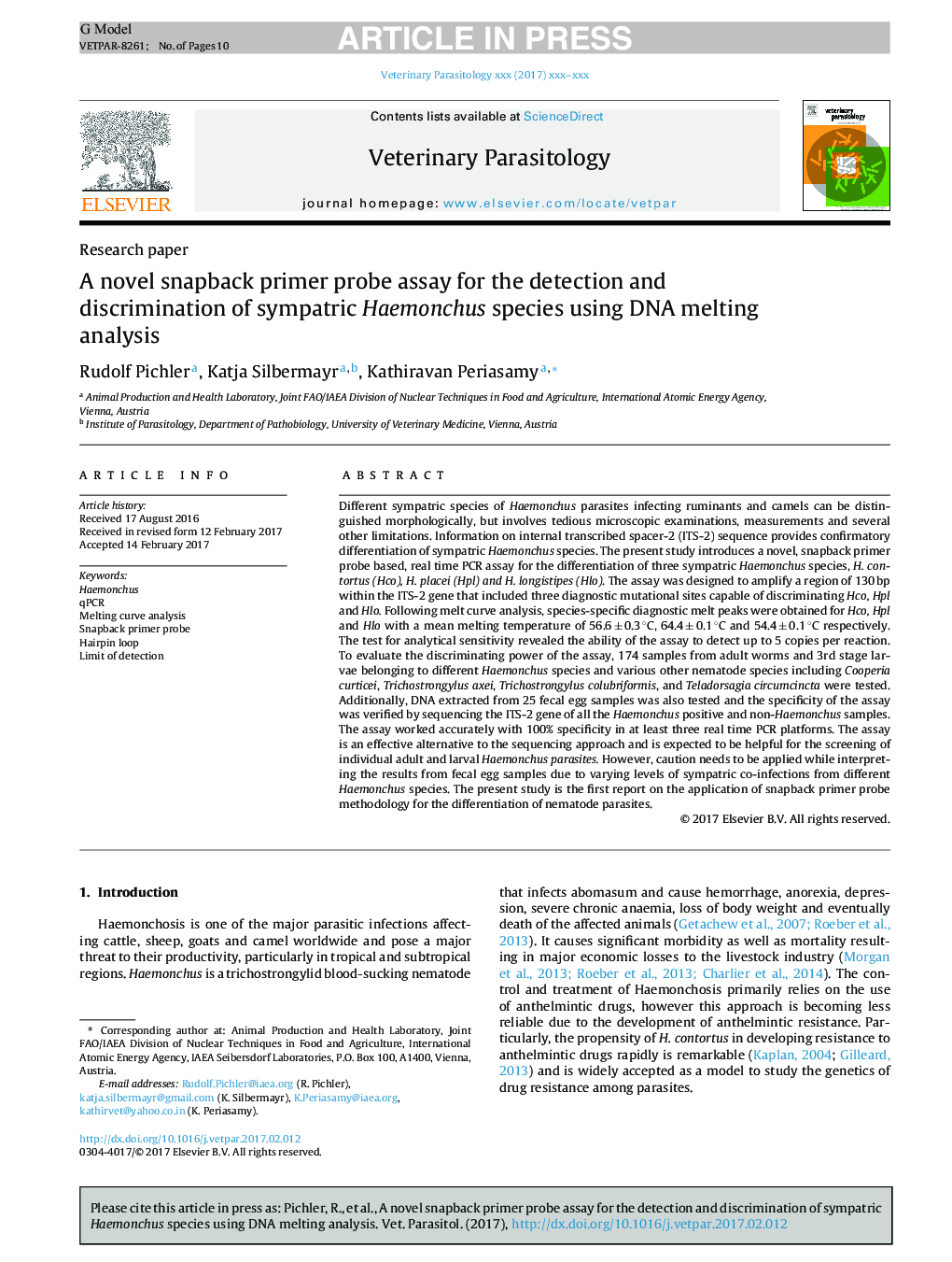 A novel snapback primer probe assay for the detection and discrimination of sympatric Haemonchus species using DNA melting analysis