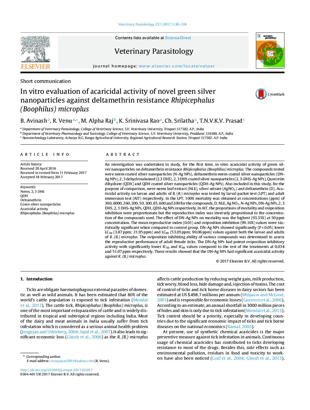 In vitro evaluation of acaricidal activity of novel green silver nanoparticles against deltamethrin resistance Rhipicephalus (Boophilus) microplus