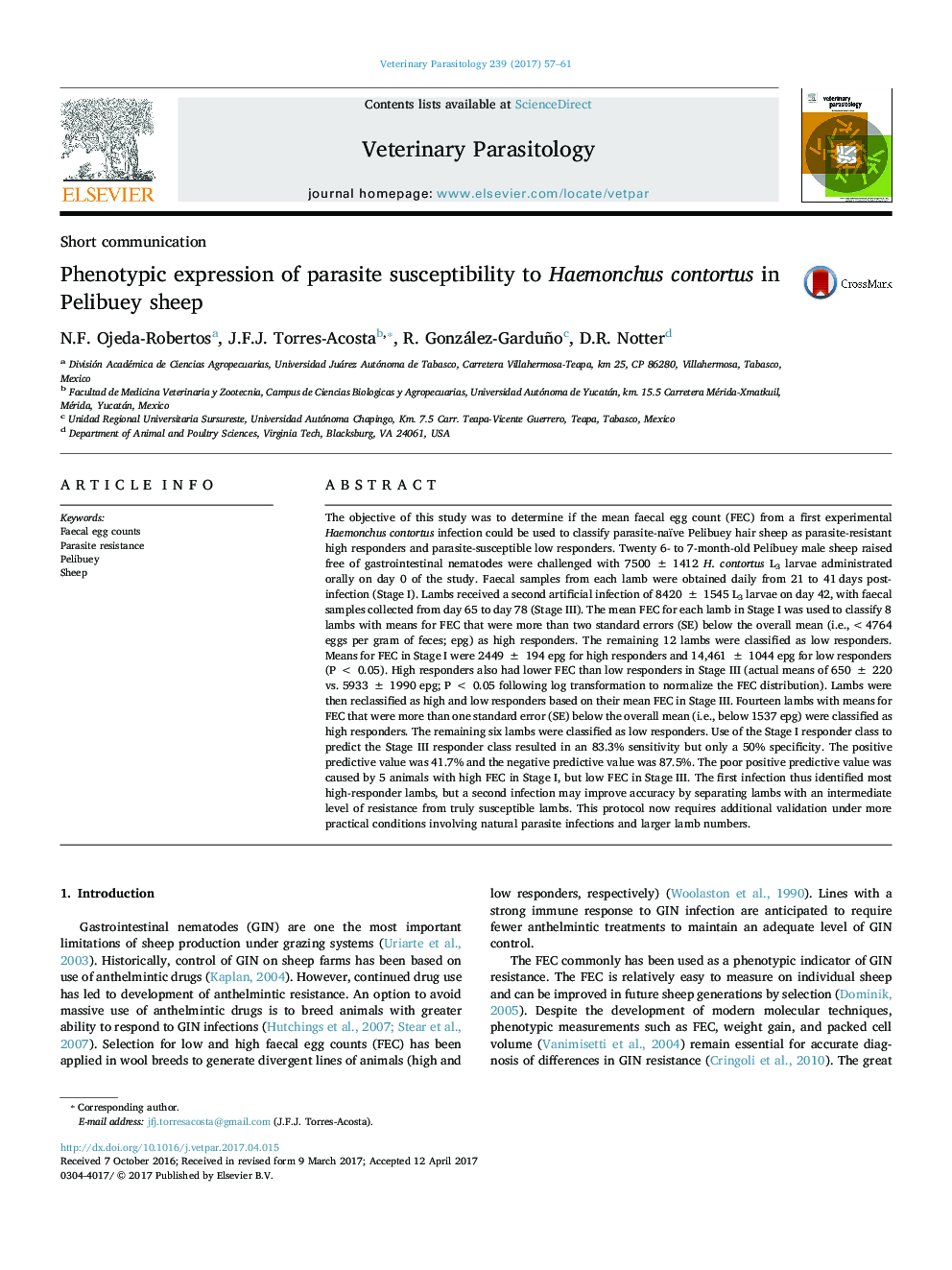 Phenotypic expression of parasite susceptibility to Haemonchus contortus in Pelibuey sheep