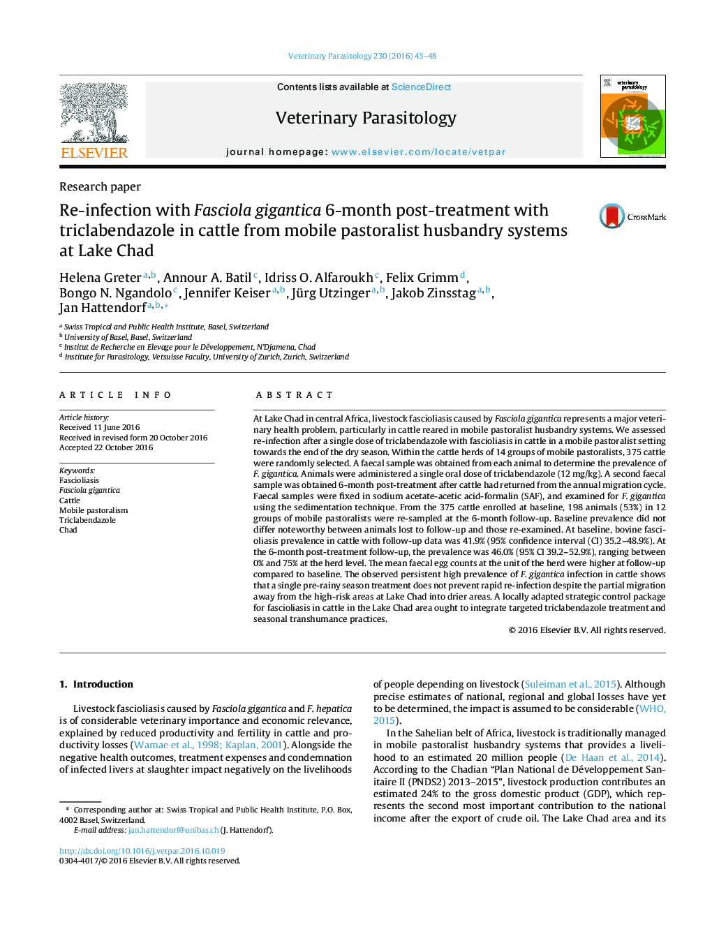 Re-infection with Fasciola gigantica 6-month post-treatment with triclabendazole in cattle from mobile pastoralist husbandry systems at Lake Chad