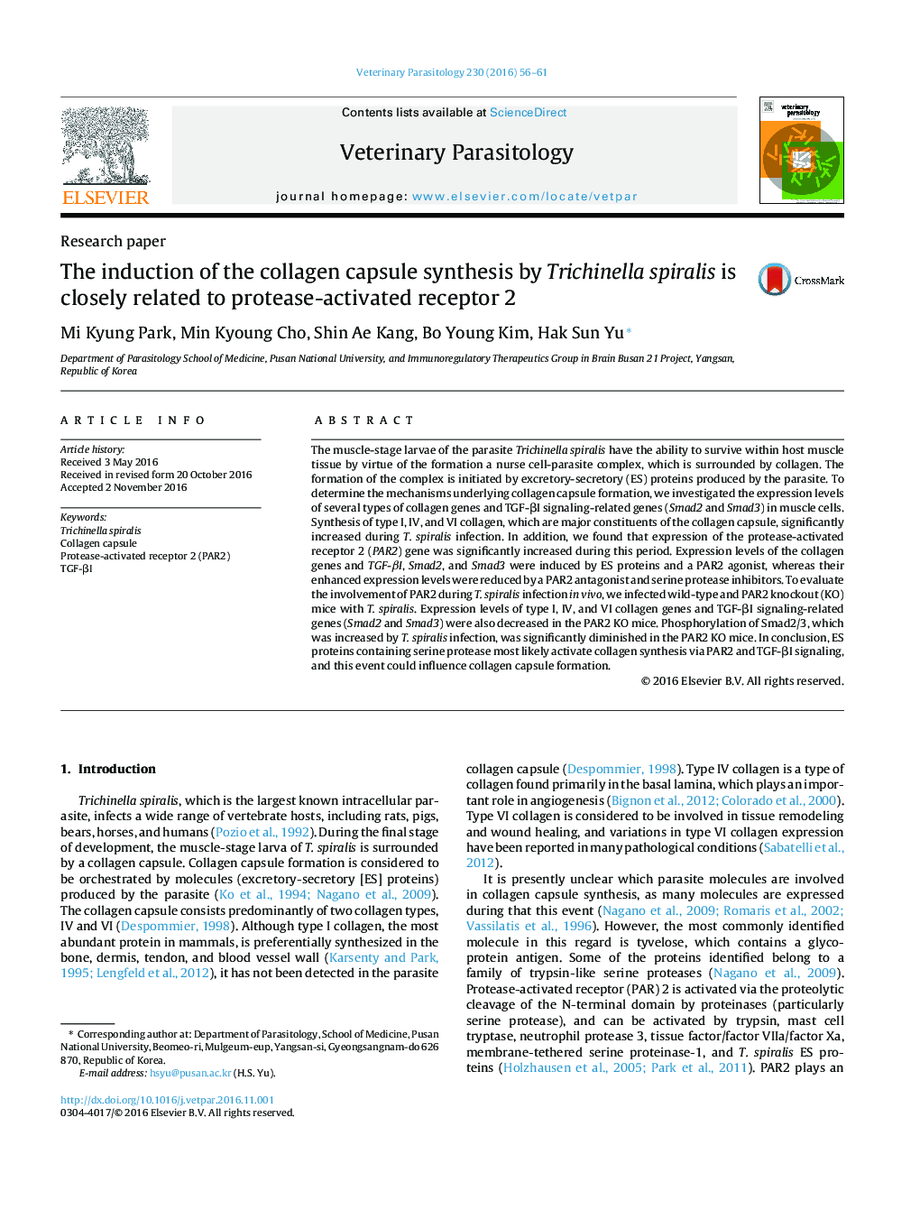 The induction of the collagen capsule synthesis by Trichinella spiralis is closely related to protease-activated receptor 2