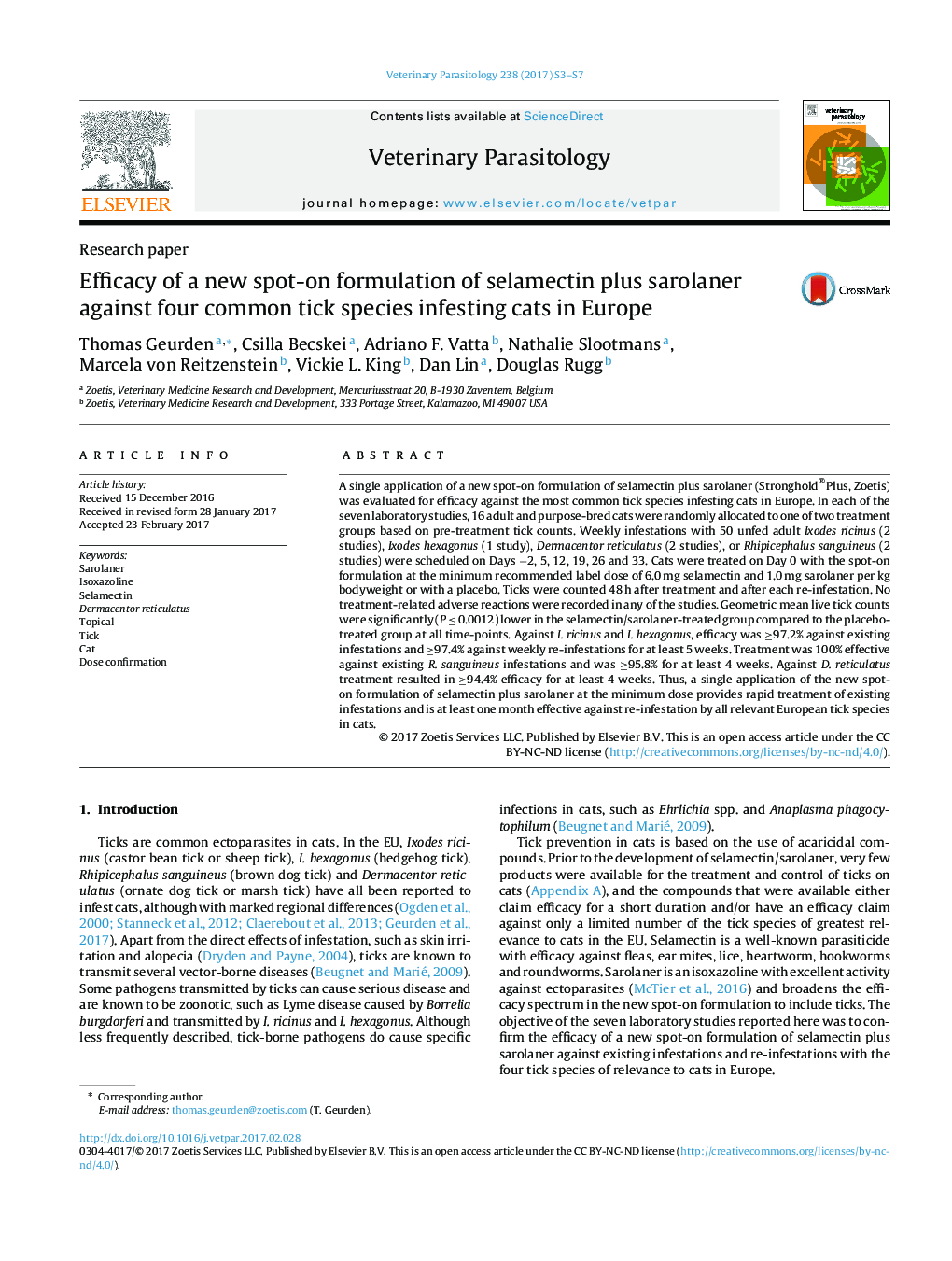 Efficacy of a new spot-on formulation of selamectin plus sarolaner against four common tick species infesting cats in Europe