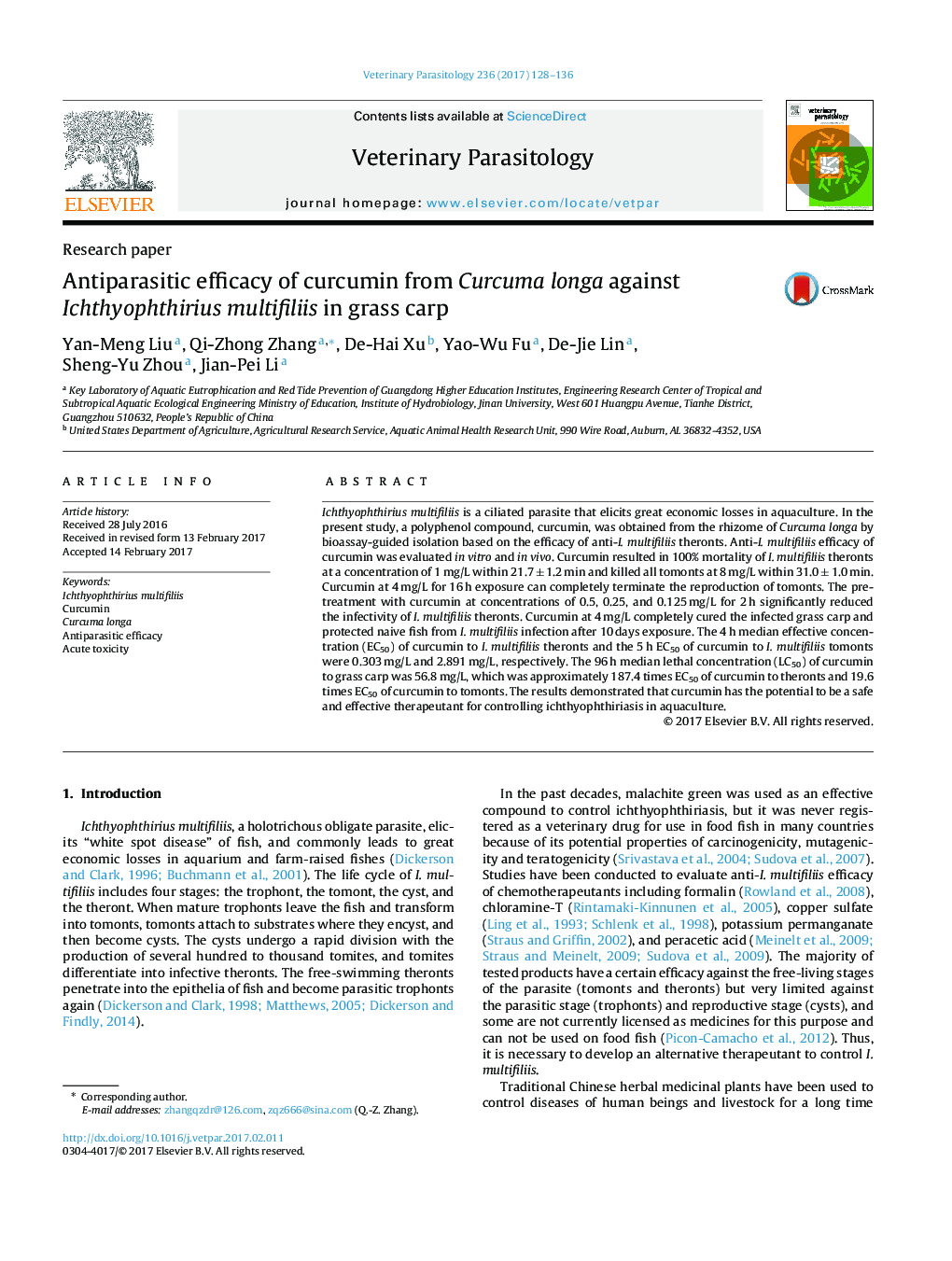 Antiparasitic efficacy of curcumin from Curcuma longa against Ichthyophthirius multifiliis in grass carp