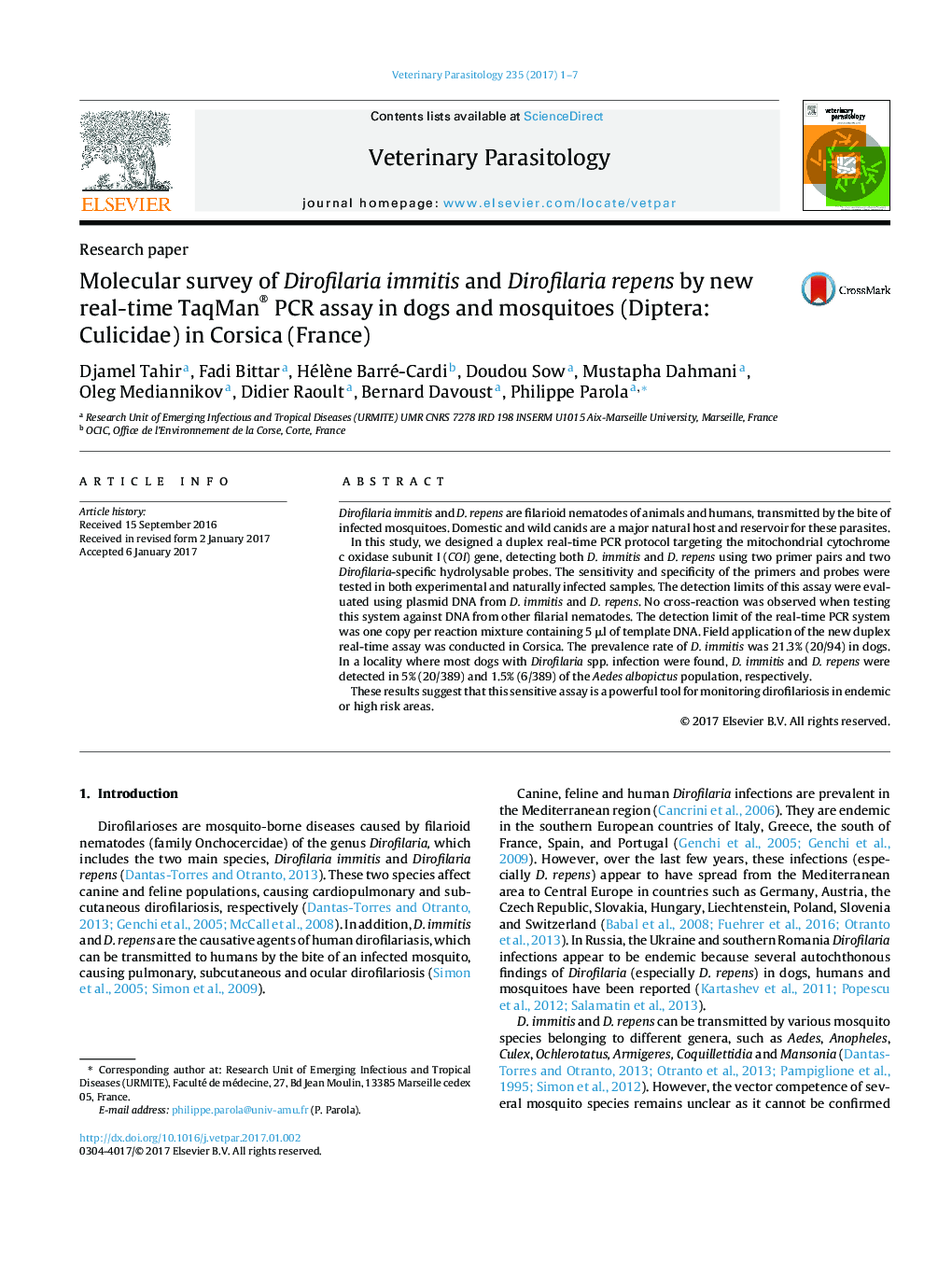 Molecular survey of Dirofilaria immitis and Dirofilaria repens by new real-time TaqMan® PCR assay in dogs and mosquitoes (Diptera: Culicidae) in Corsica (France)