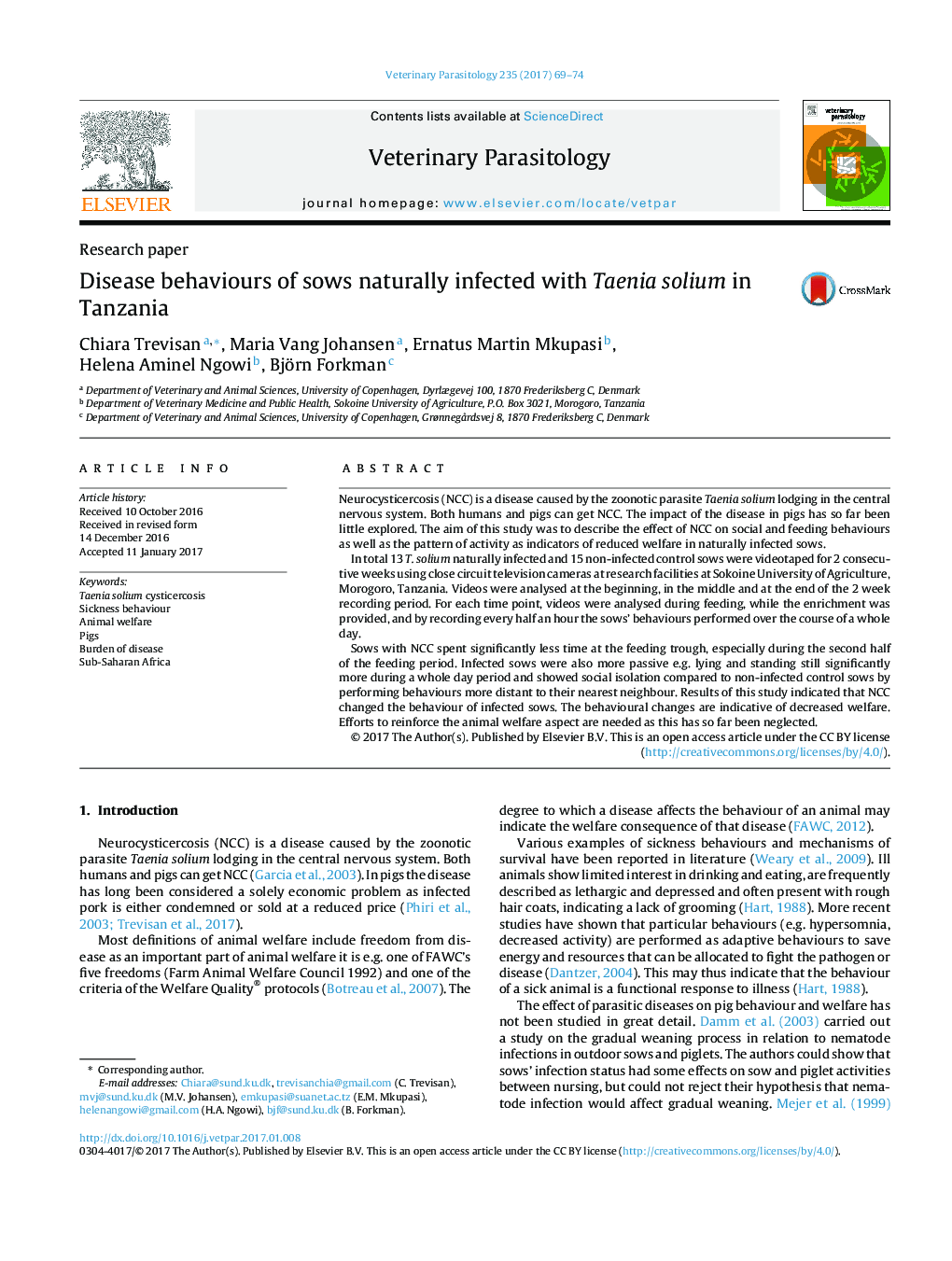 Disease behaviours of sows naturally infected with Taenia solium in Tanzania