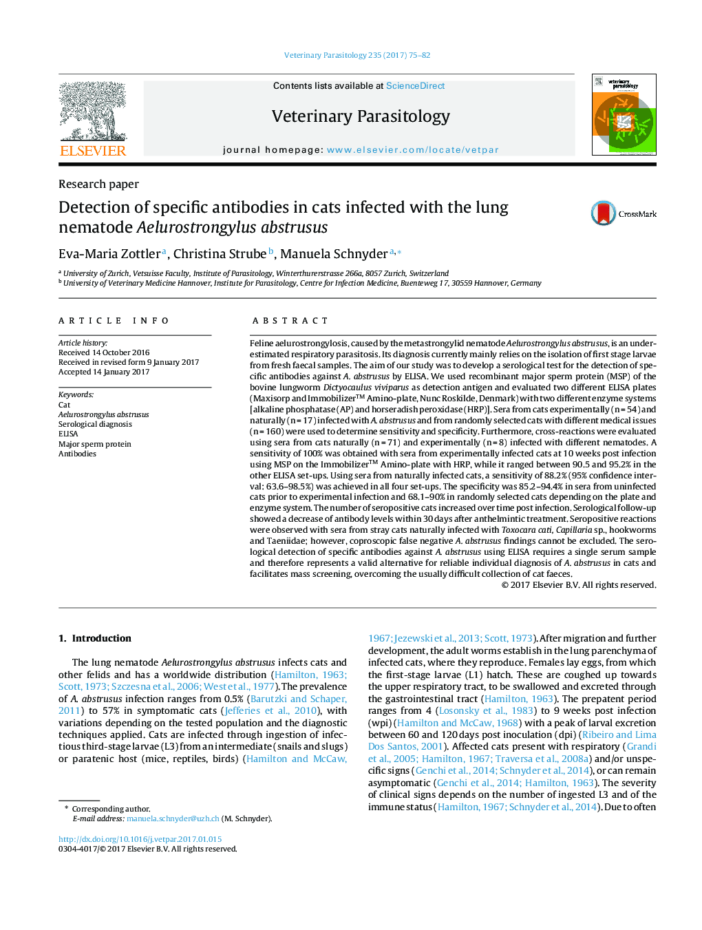 Detection of specific antibodies in cats infected with the lung nematode Aelurostrongylus abstrusus