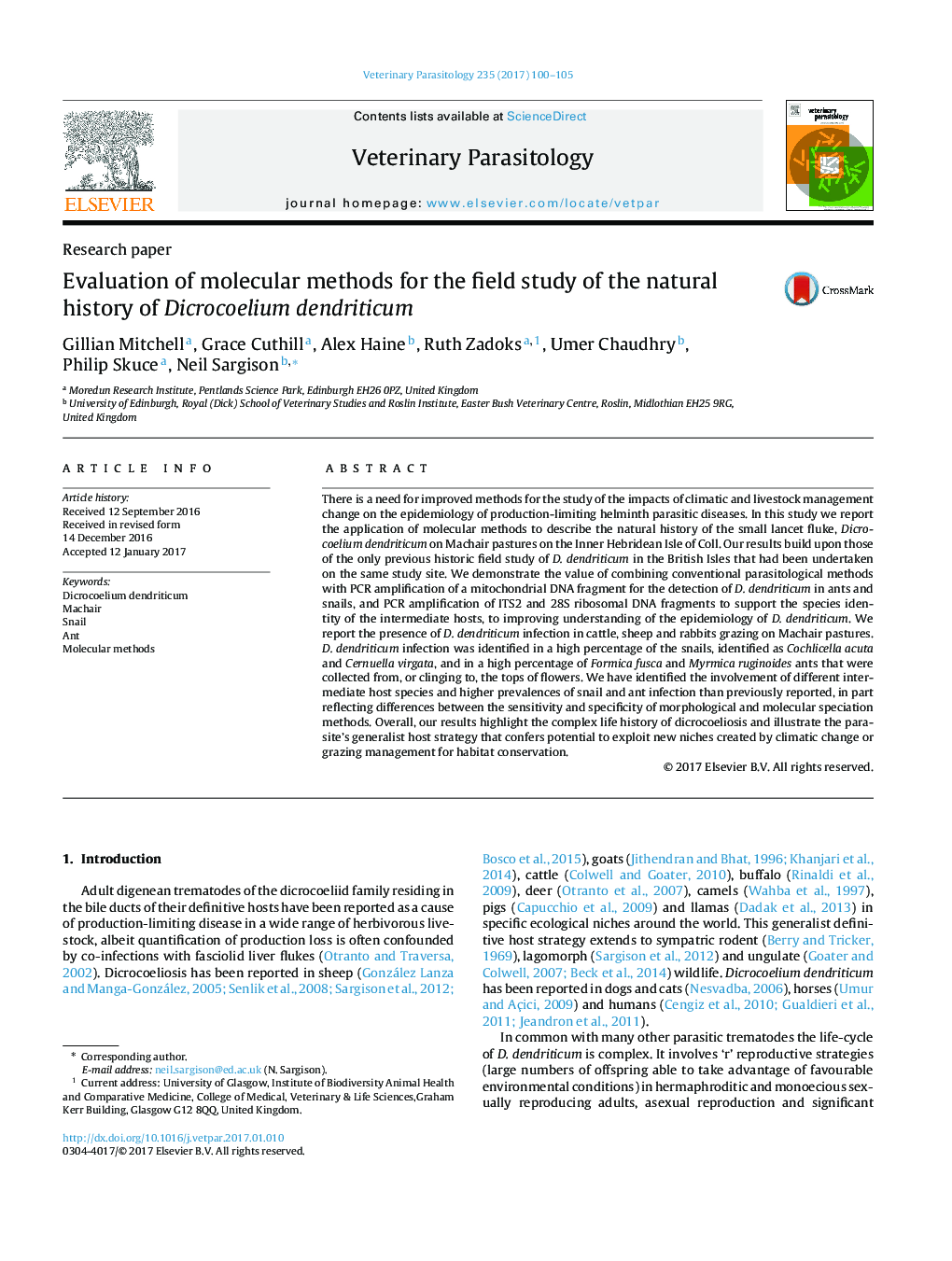 Evaluation of molecular methods for the field study of the natural history of Dicrocoelium dendriticum