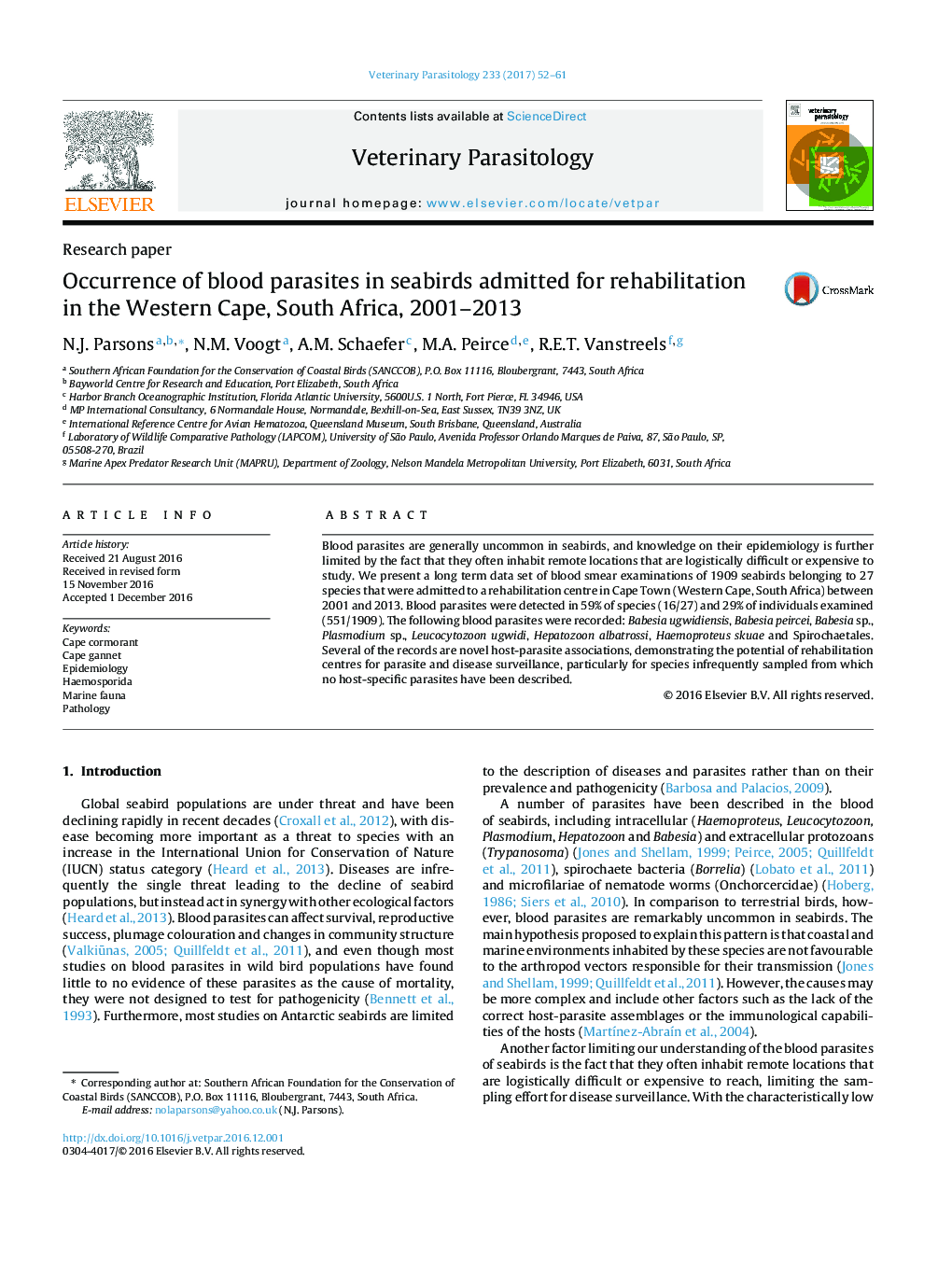 Occurrence of blood parasites in seabirds admitted for rehabilitation in the Western Cape, South Africa, 2001-2013